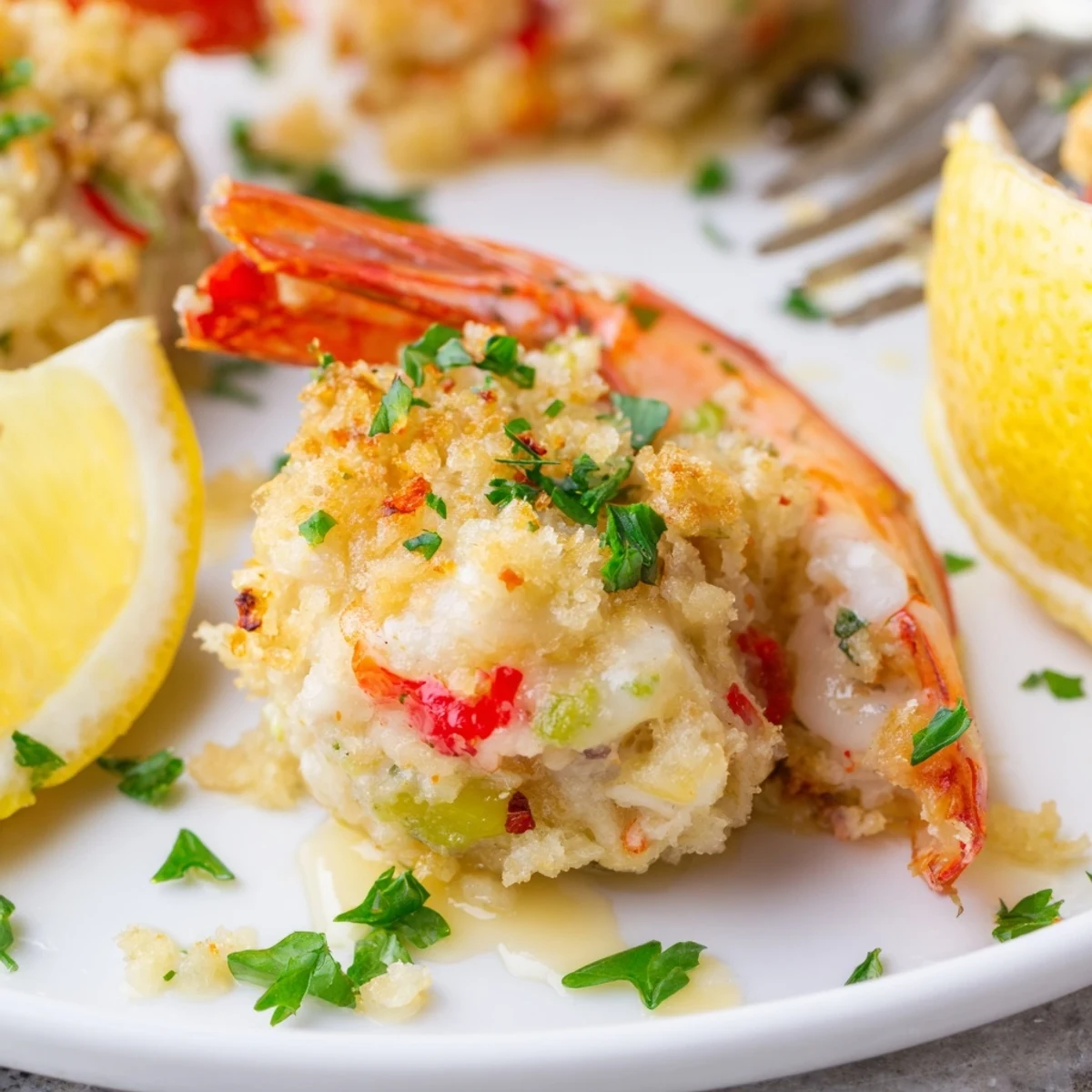 Oven baked Crab Cake Stuffed Shrimp With Cowboy Butter drizzled, golden and spicy