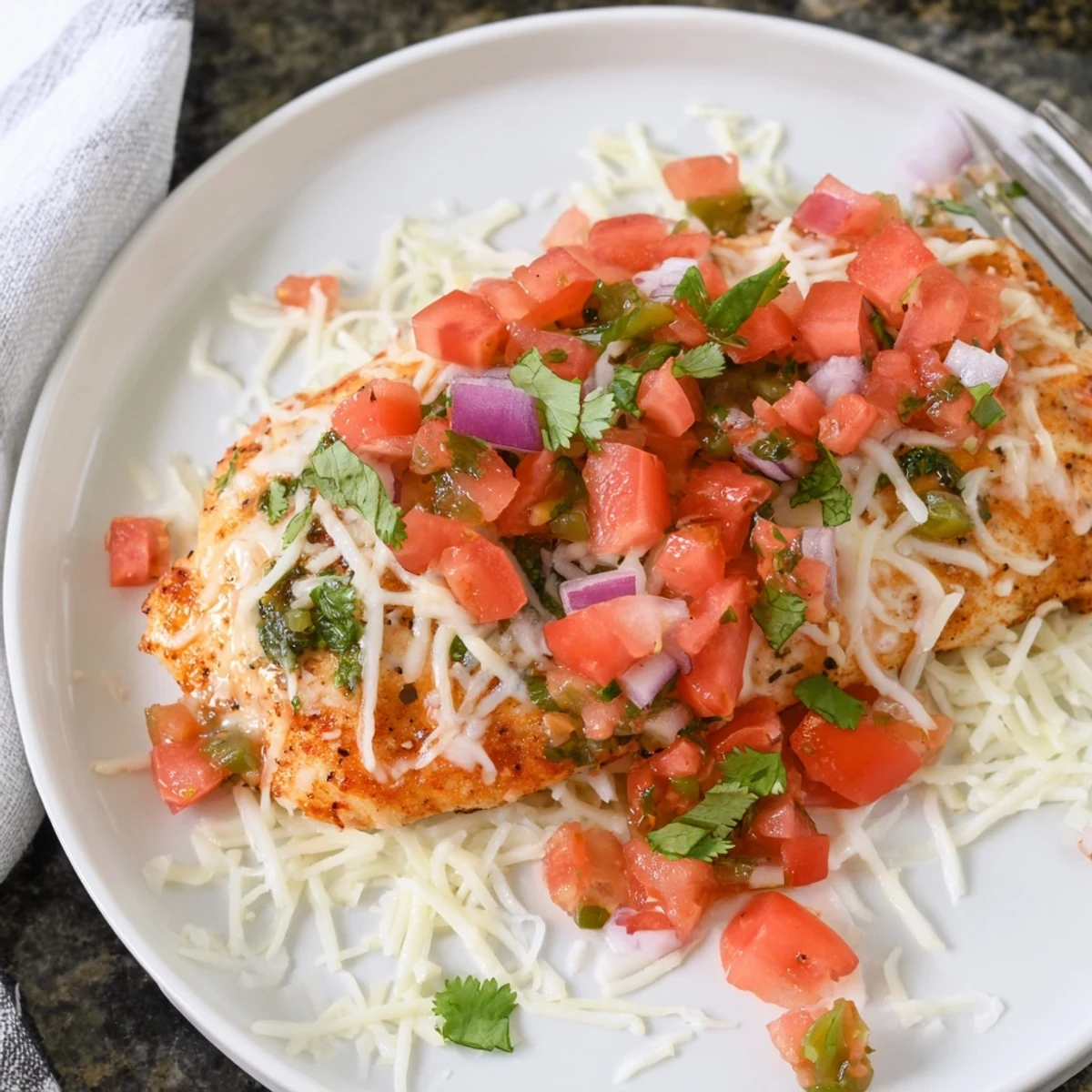 Salsa Fresca Chicken Bake with bubbling golden cheese, bright cilantro and lime