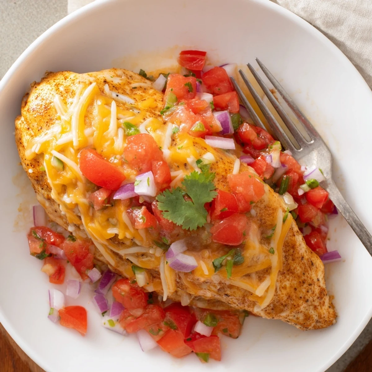 Weeknight Salsa Fresca Chicken Bake served over rice, spicy jalapeño kick