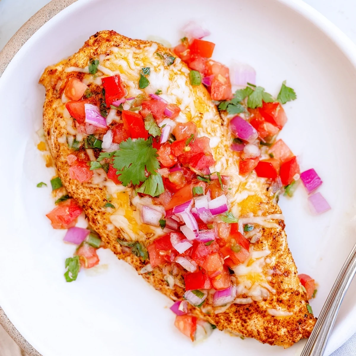 Freshly baked Salsa Fresca Chicken Bake, juicy breasts topped with zesty salsa