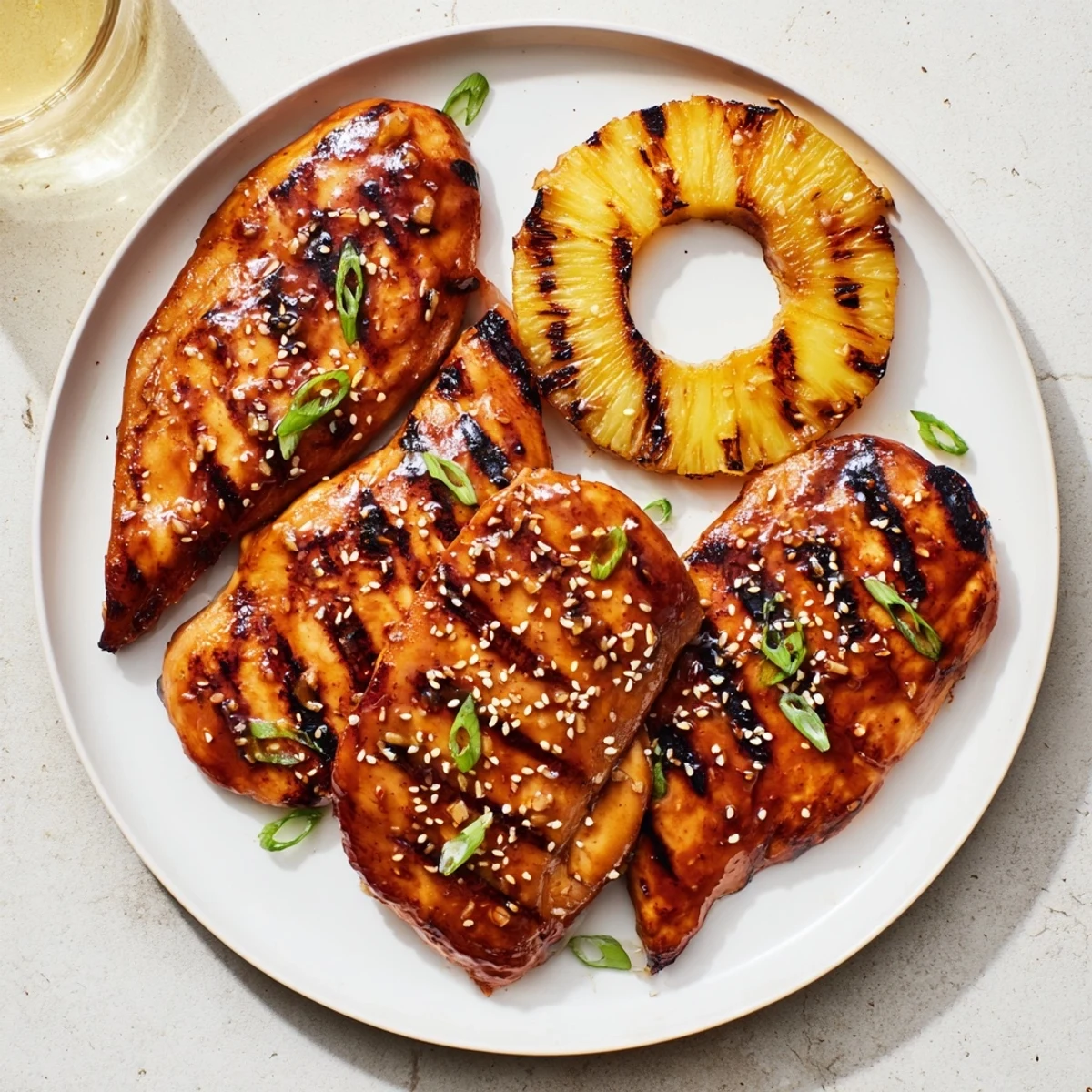 Smoky Grilled Aloha Chicken resting on coconut rice, garnished with green onions.