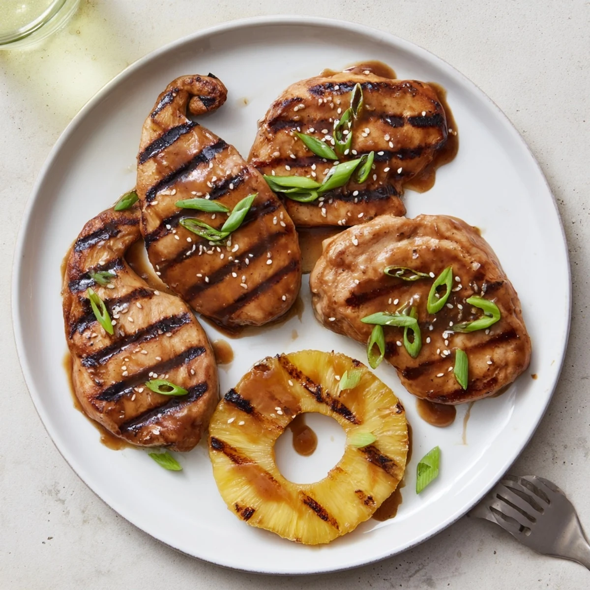 Grilled Aloha Chicken glistening with char marks, topped with caramelized pineapple slices.