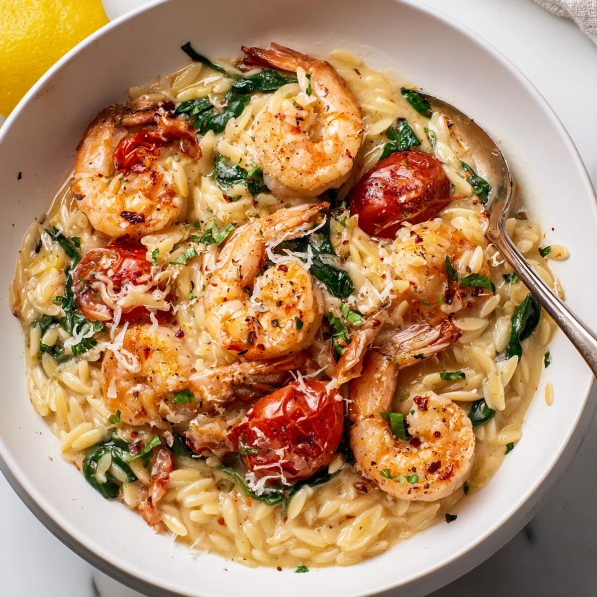 Pan of Creamy Shrimp Orzo steaming, tender shrimp and wilted spinach