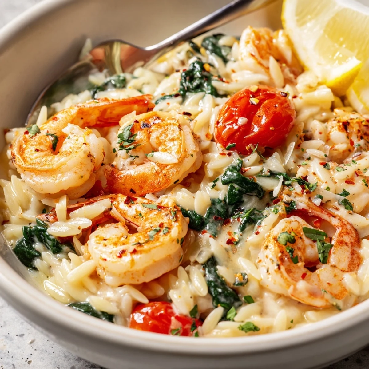 Creamy Shrimp Orzo Recipe served in skillet, glossy sauce, lemon zest sprinkled