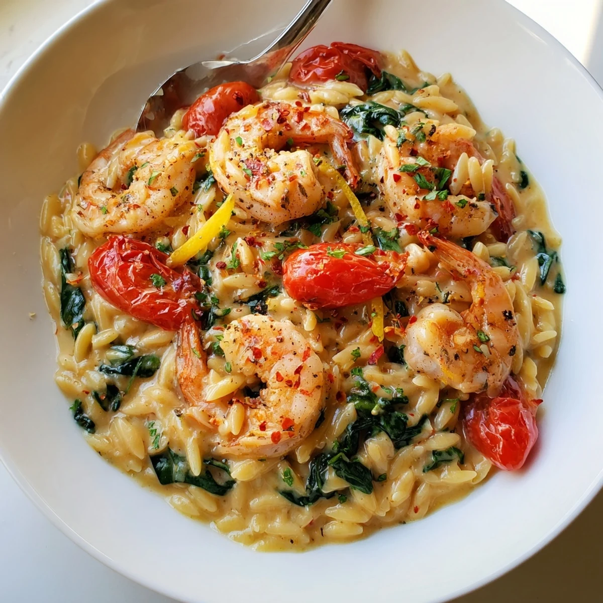Fork twirling pasta beside bowl of Creamy Shrimp Orzo, creamy Parmesan aroma