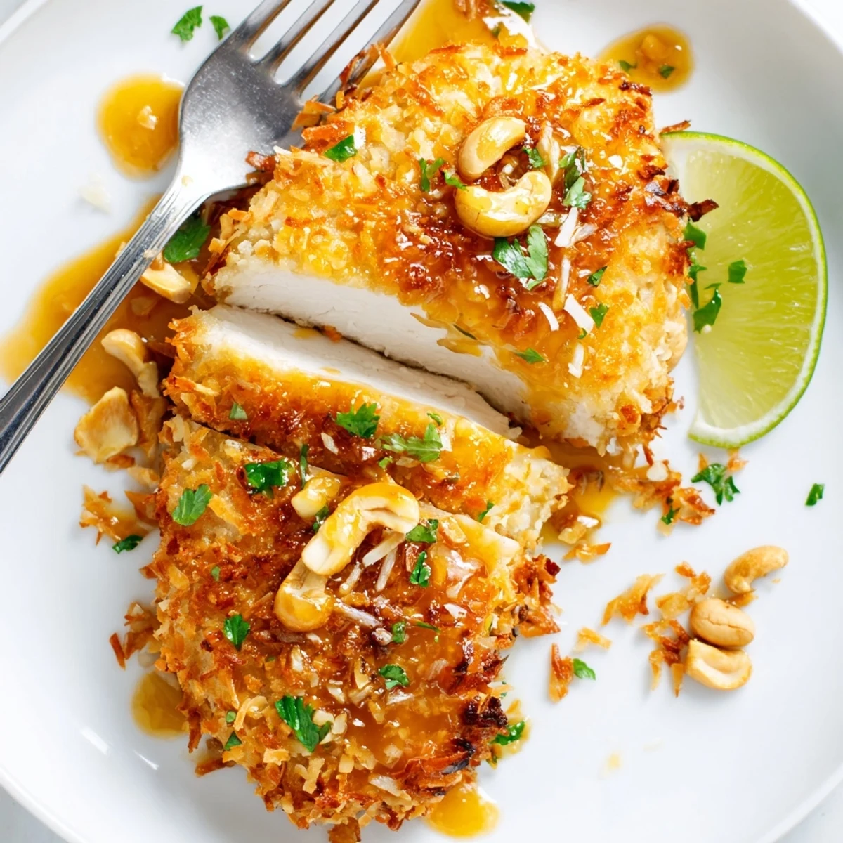 Coconut Chicken With Apricot Sauce, golden-crusted breasts drizzled with glossy sauce