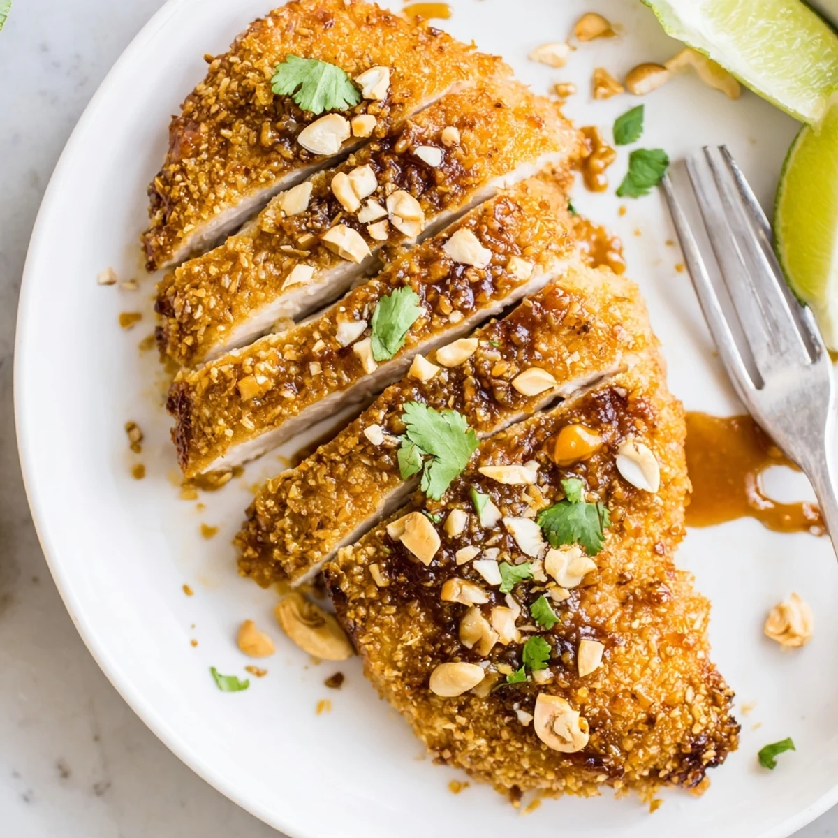 Skillet-seared Coconut Chicken With Apricot Sauce served over jasmine rice with lime