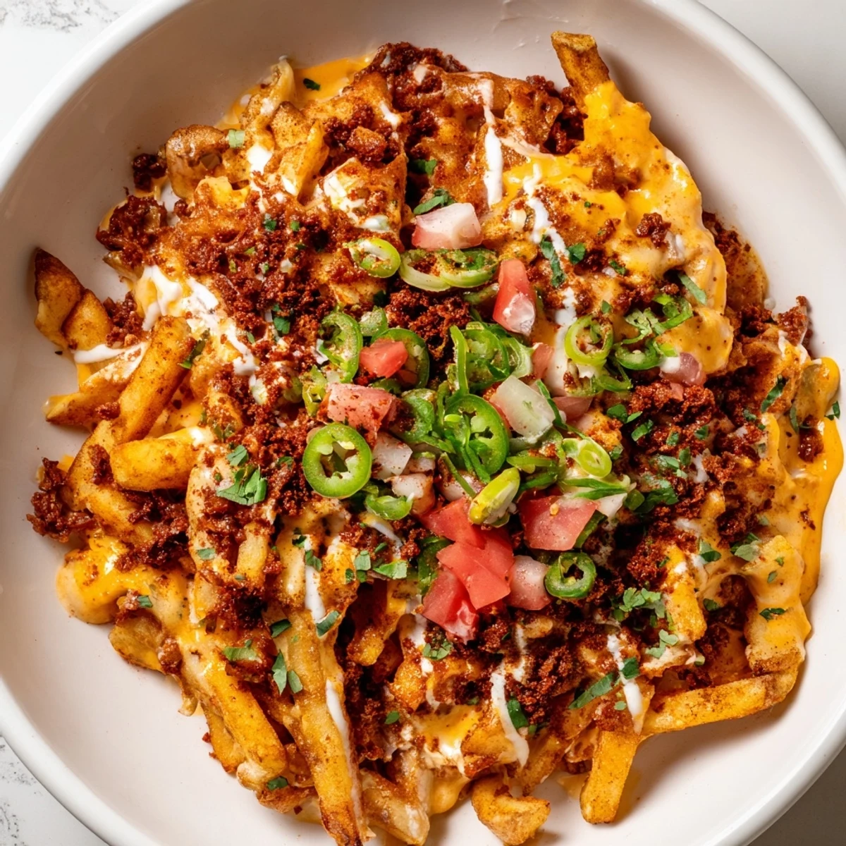 Chorizo Queso Dip Fries piled on platter, melted cheese and jalapeños