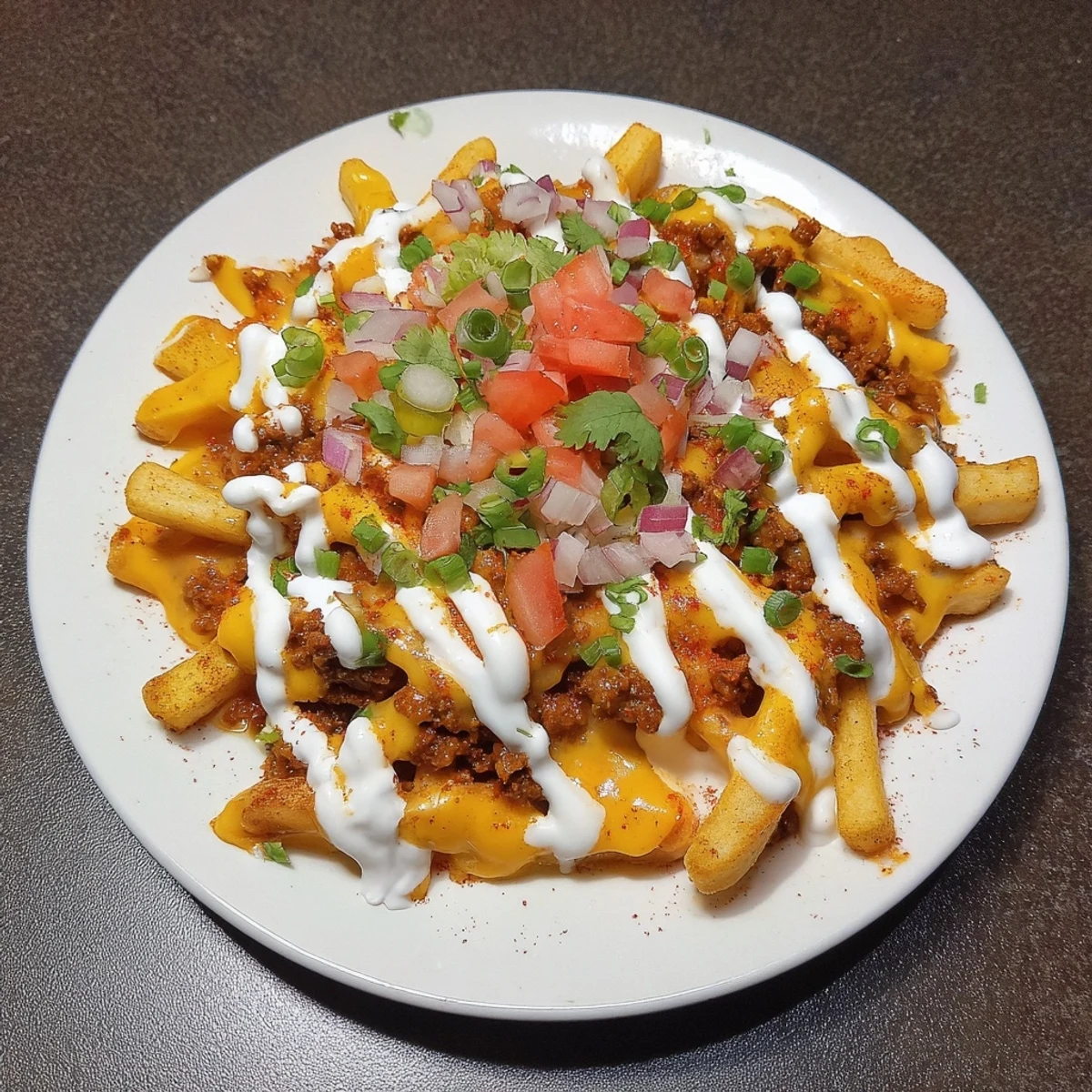 Warm, cheesy Chorizo Queso Dip Fries with crumbled sausage and scallions