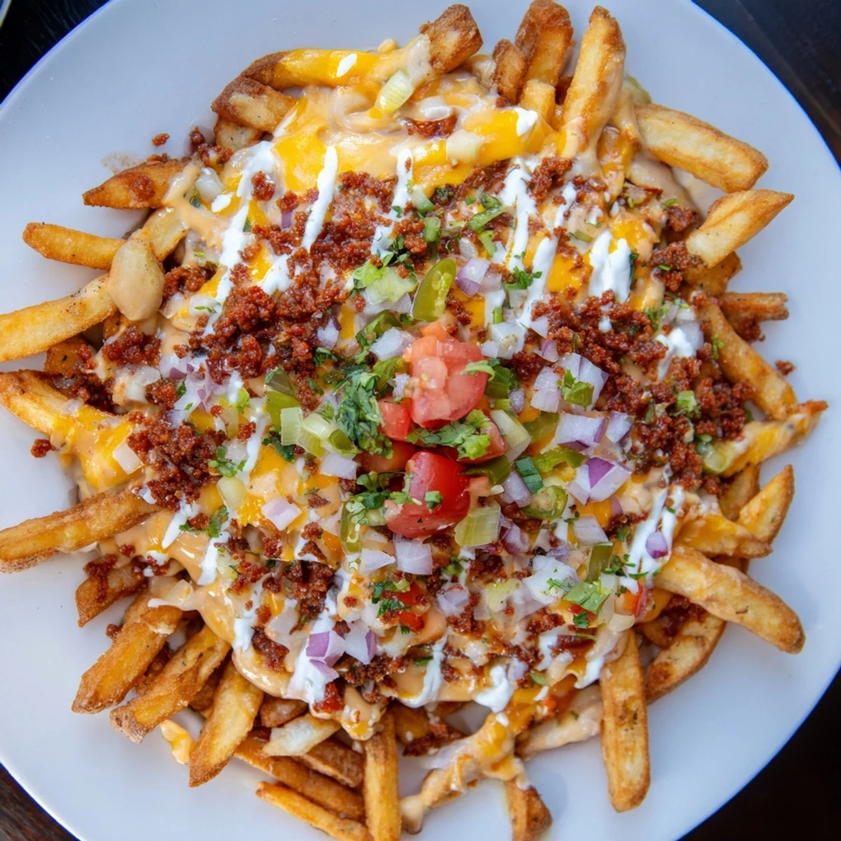 Party-ready Chorizo Queso Dip Fries drizzled with sour cream and cilantro