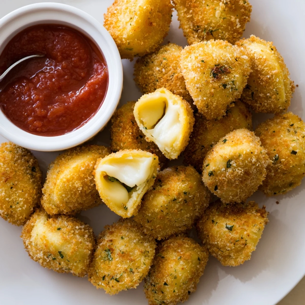 Crispy Tortellini Party Snacks Recipe: golden fried bites piled with marinara dip.