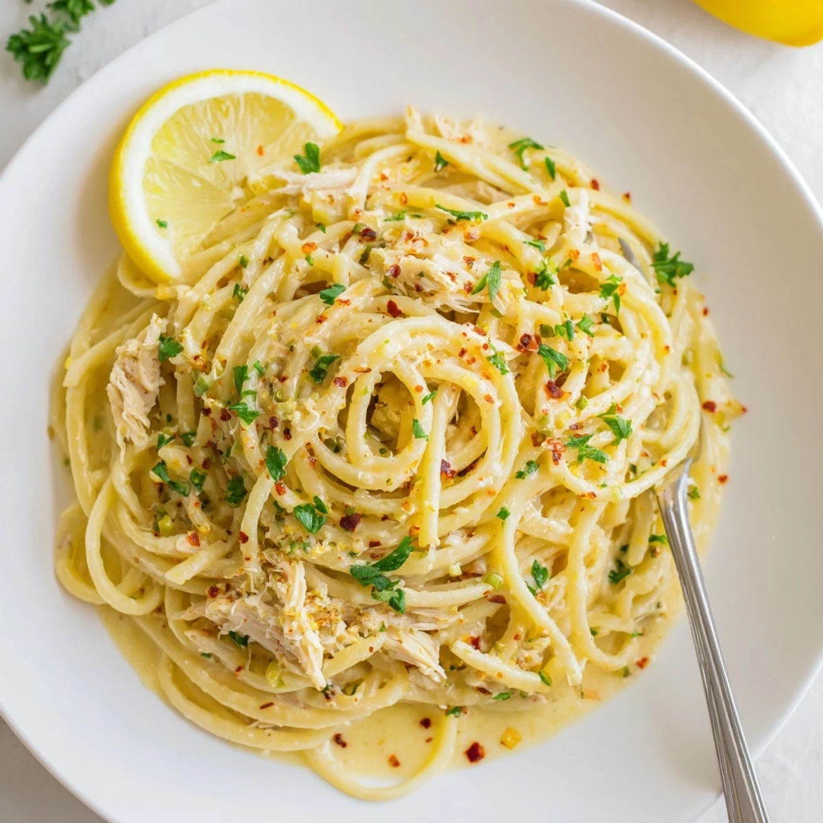 Creamy Cowboy Butter Pasta tossed with herbs, garlic aroma, lemon wedges.