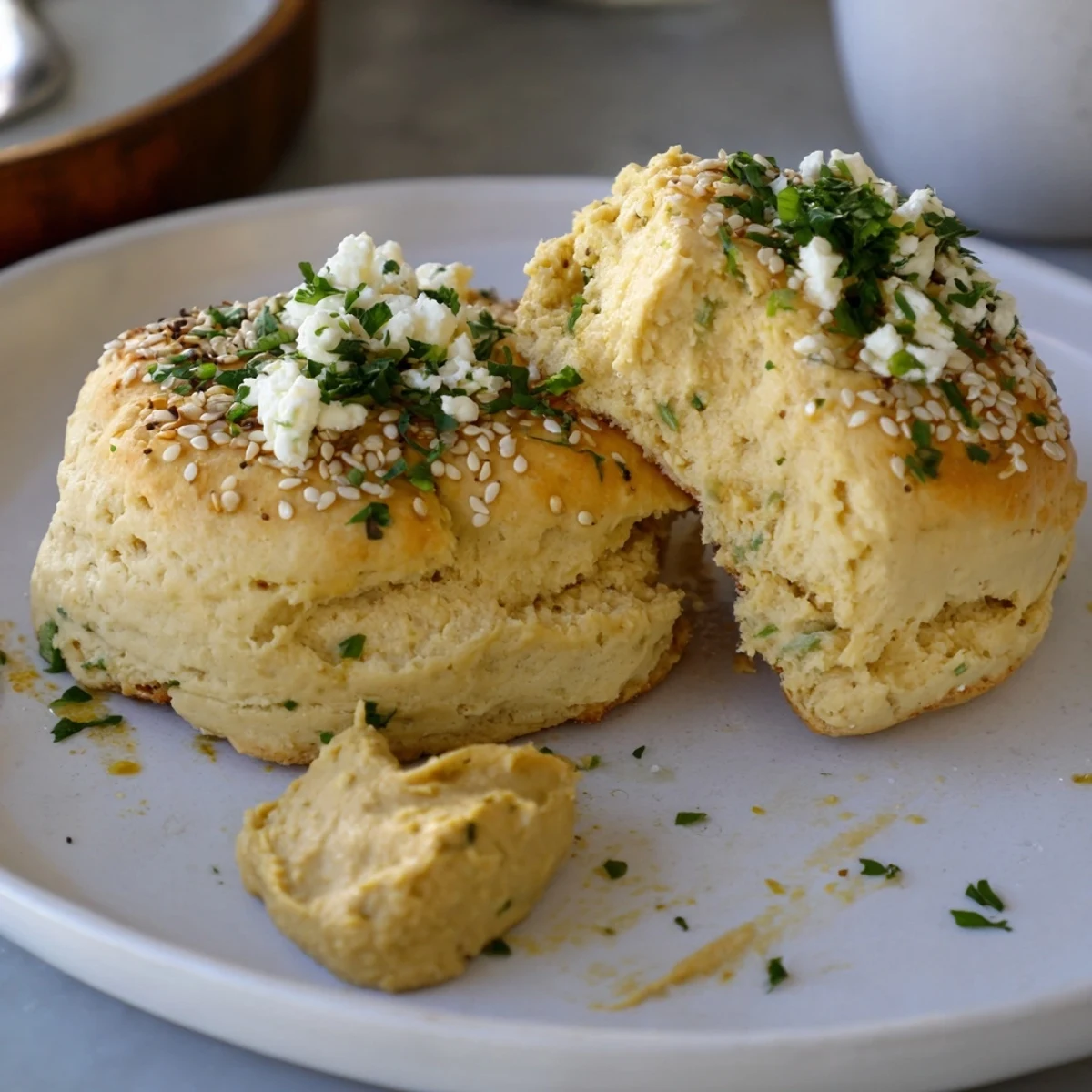 Fresh baked Humous Scones steaming on parchment, sprinkled with sesame seeds.