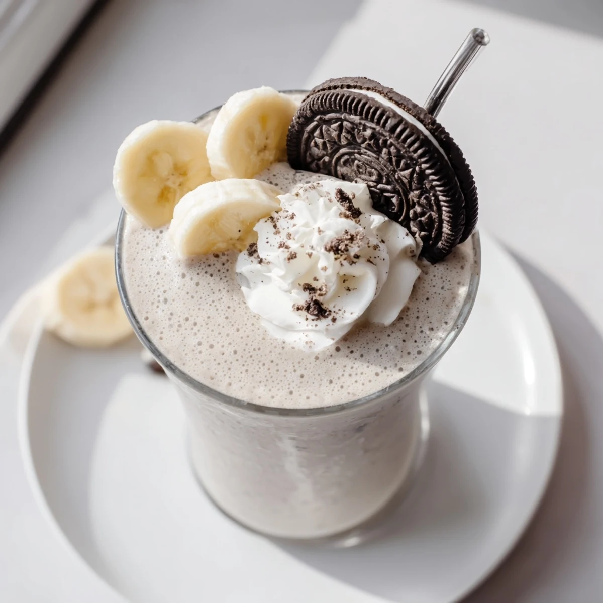 Cookies And Cream Protein Shake poured into glass, creamy, speckled cookie crumbs.