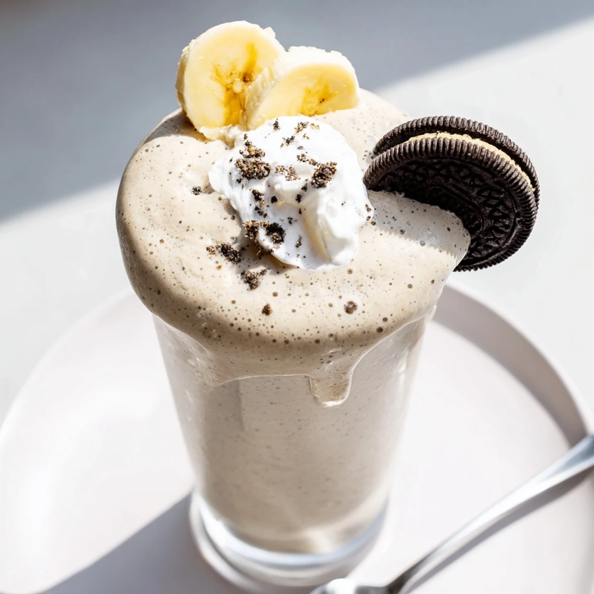 A cold Cookies And Cream Protein Shake topped with whipped cream and crumbs.