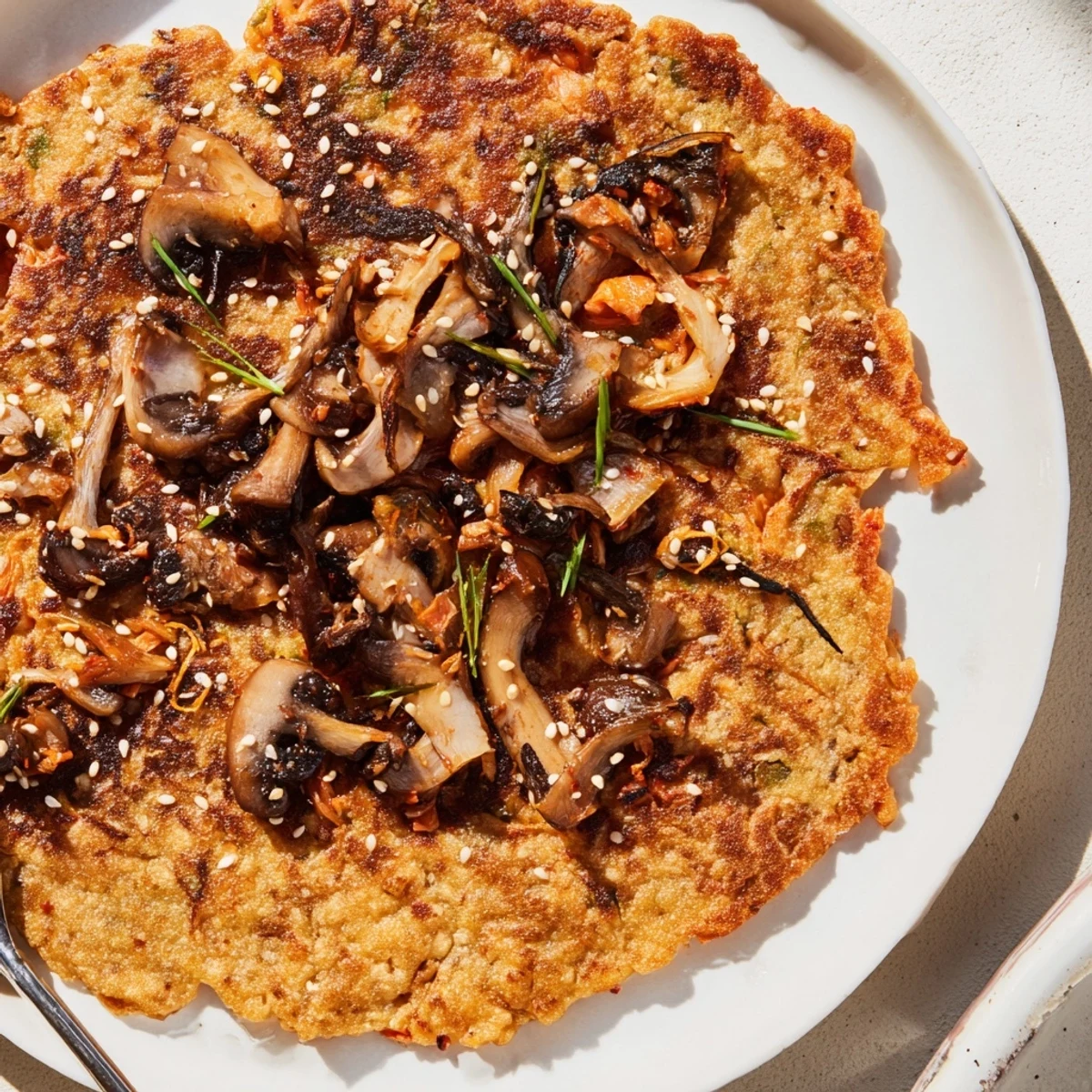 Pan of Vegan Kimchi Pancake With Tamari Mushrooms sizzling, savory aroma.
