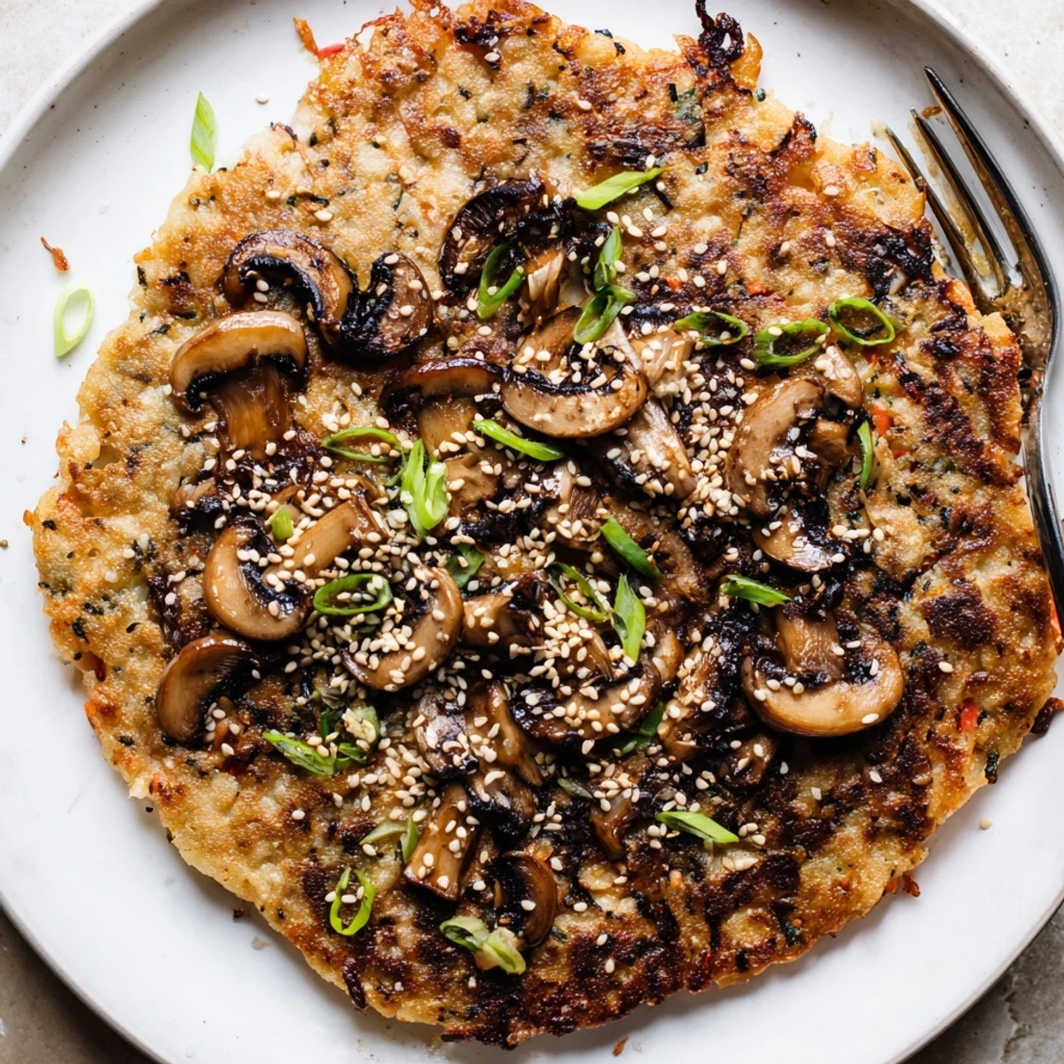 Vegan Kimchi Pancake With Tamari Mushrooms, golden crisp edges, scallion garnish.