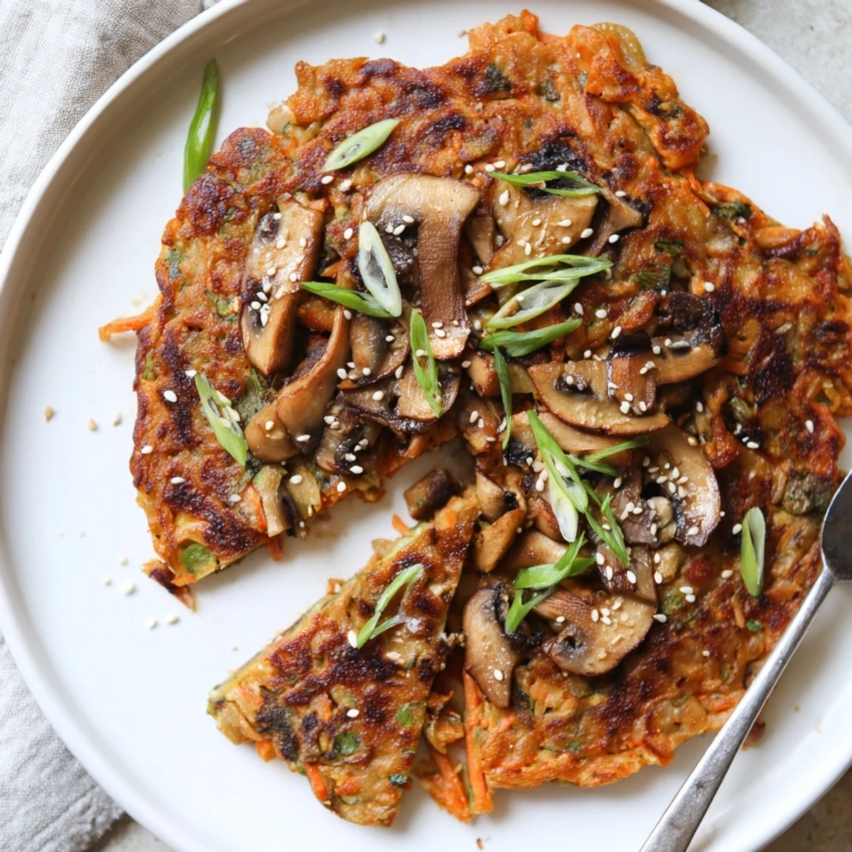 Stacked Vegan Kimchi Pancake With Tamari Mushrooms served with dipping sauce.