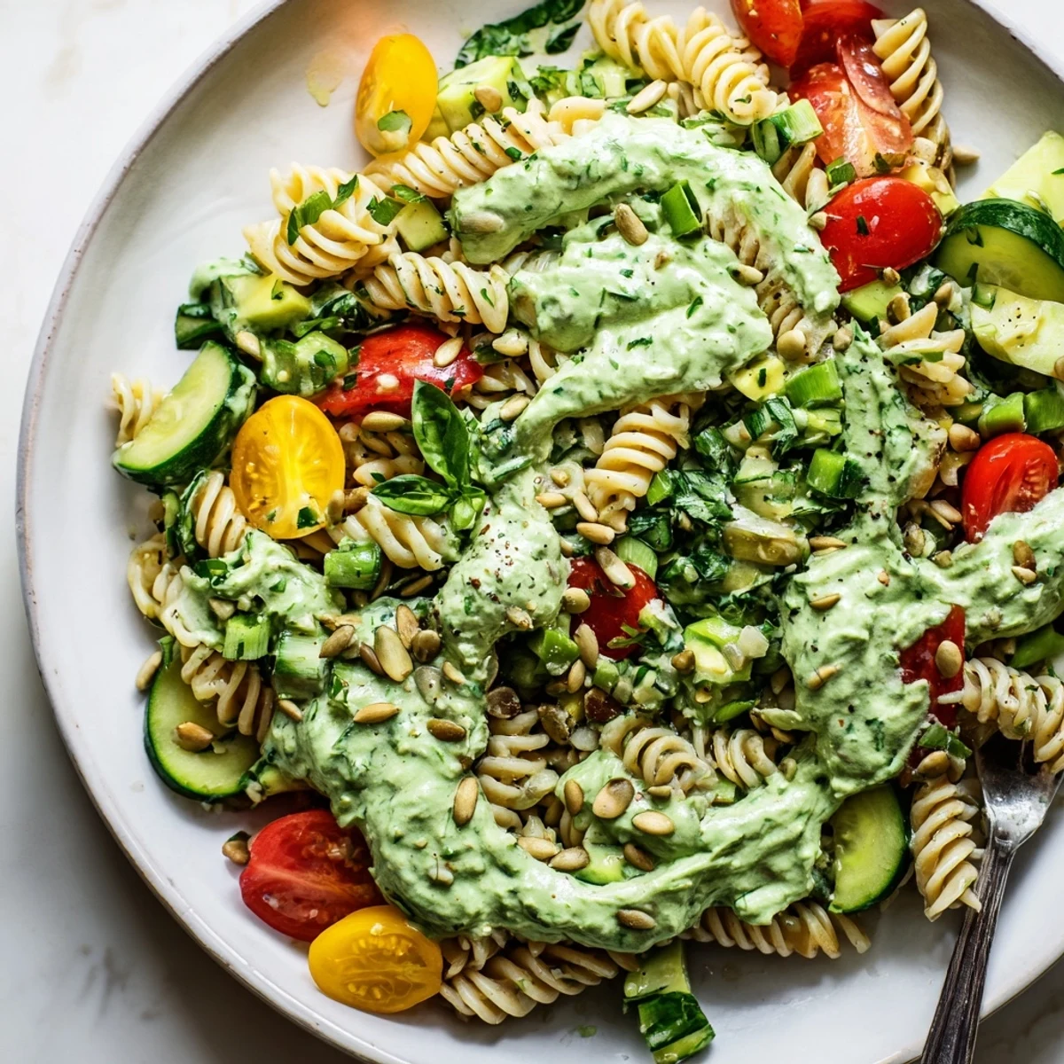 Green Goddess Pasta Salad tossed with creamy herb dressing and crunchy seeds