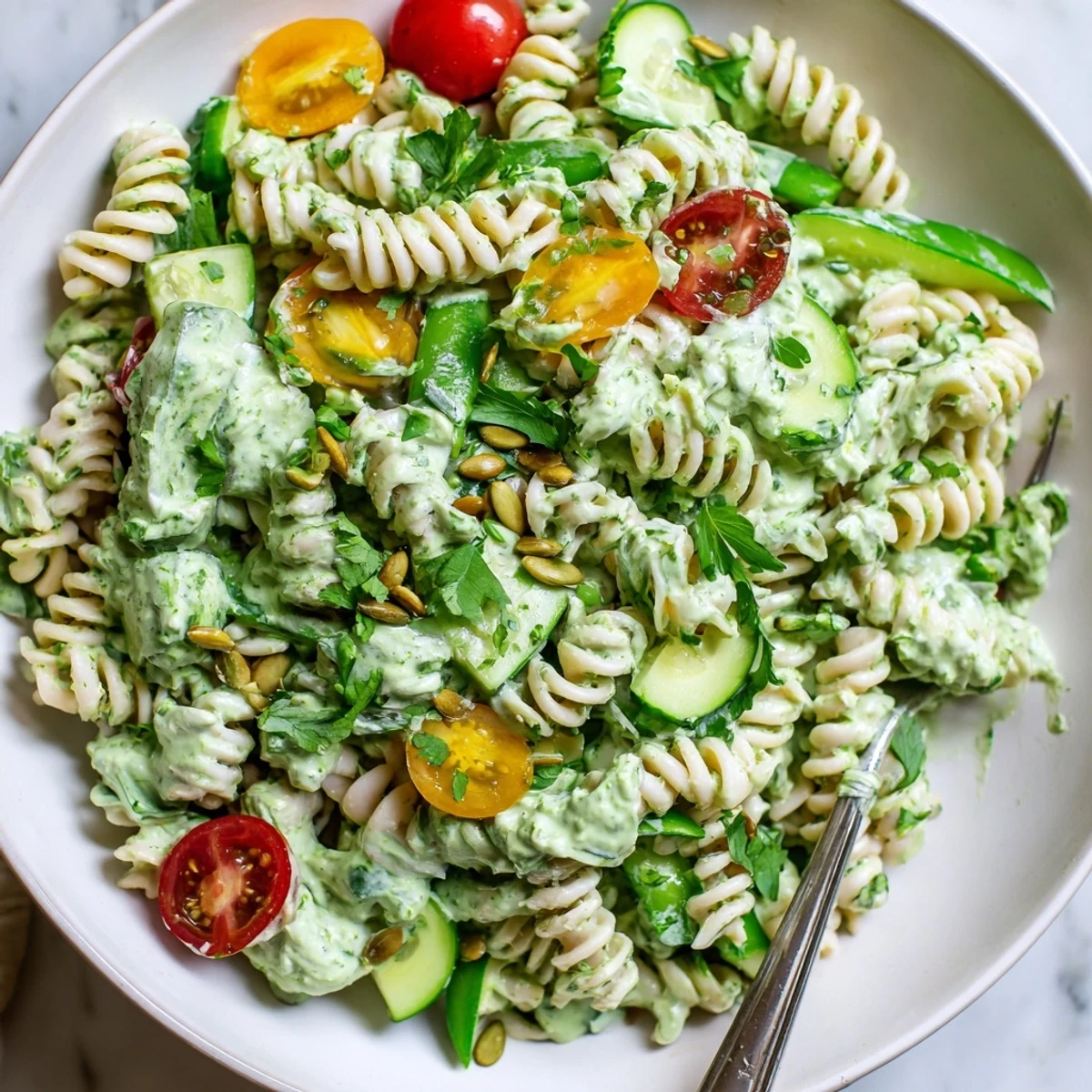 Family-friendly Green Goddess Pasta Salad showing fork-ready rotini and fresh herbs