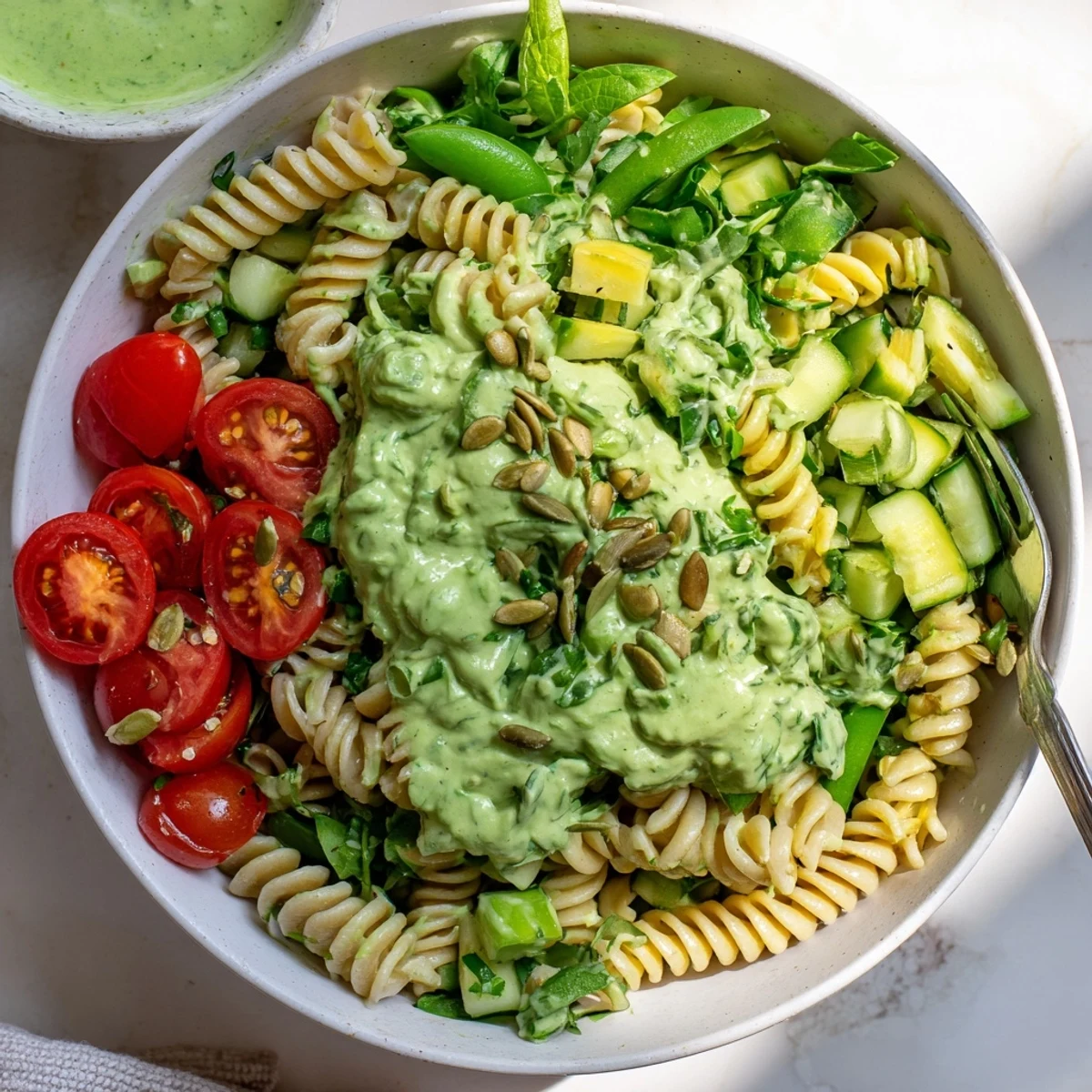 Bright Green Goddess Pasta Salad with cherry tomatoes, avocado, chilled for picnics