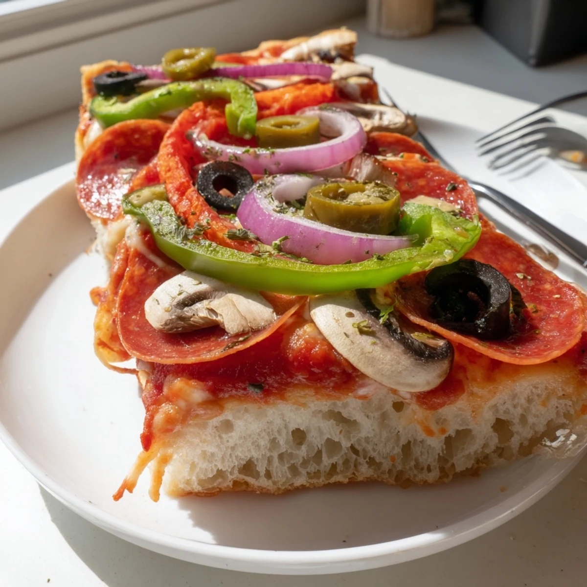 Sliced Focaccia Pizza Supreme with colorful peppers, olives, and fragrant basil
