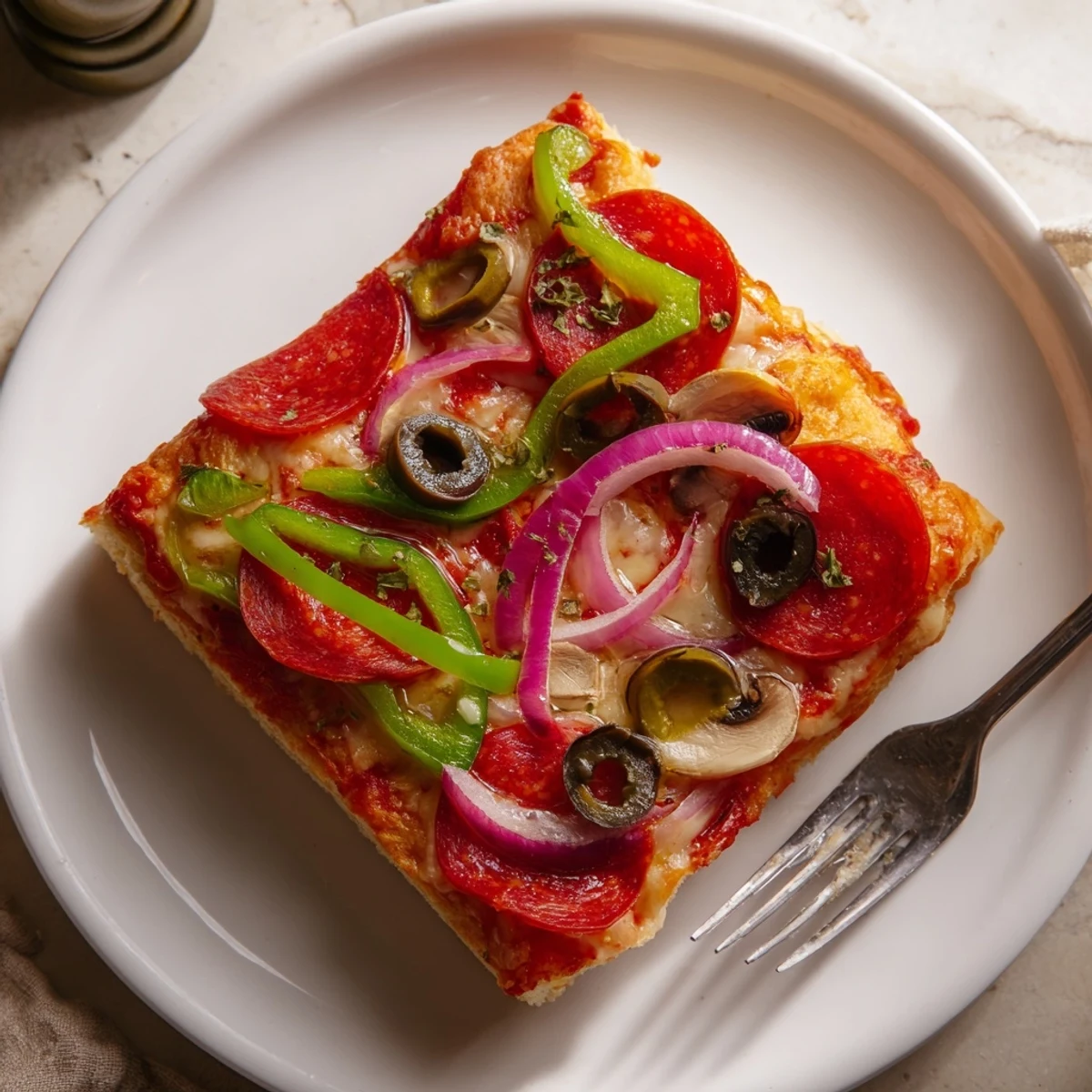 Focaccia Pizza Supreme on a baking sheet, golden crust, bubbling mozzarella