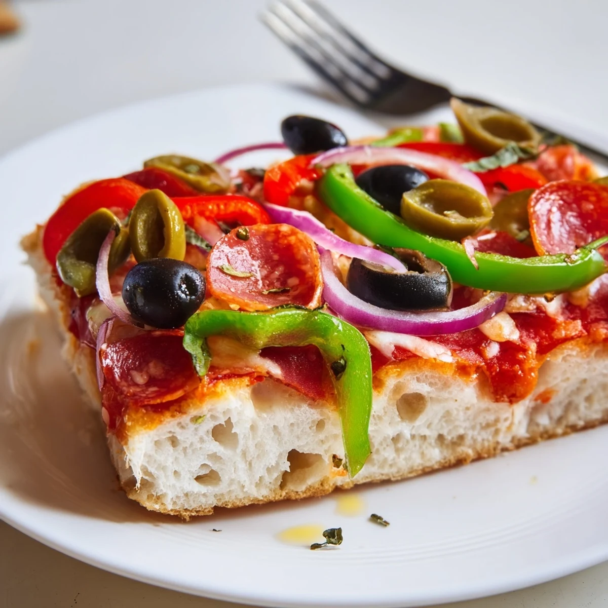 Oven-warm Focaccia Pizza Supreme with olive oil sheen, basil garnish