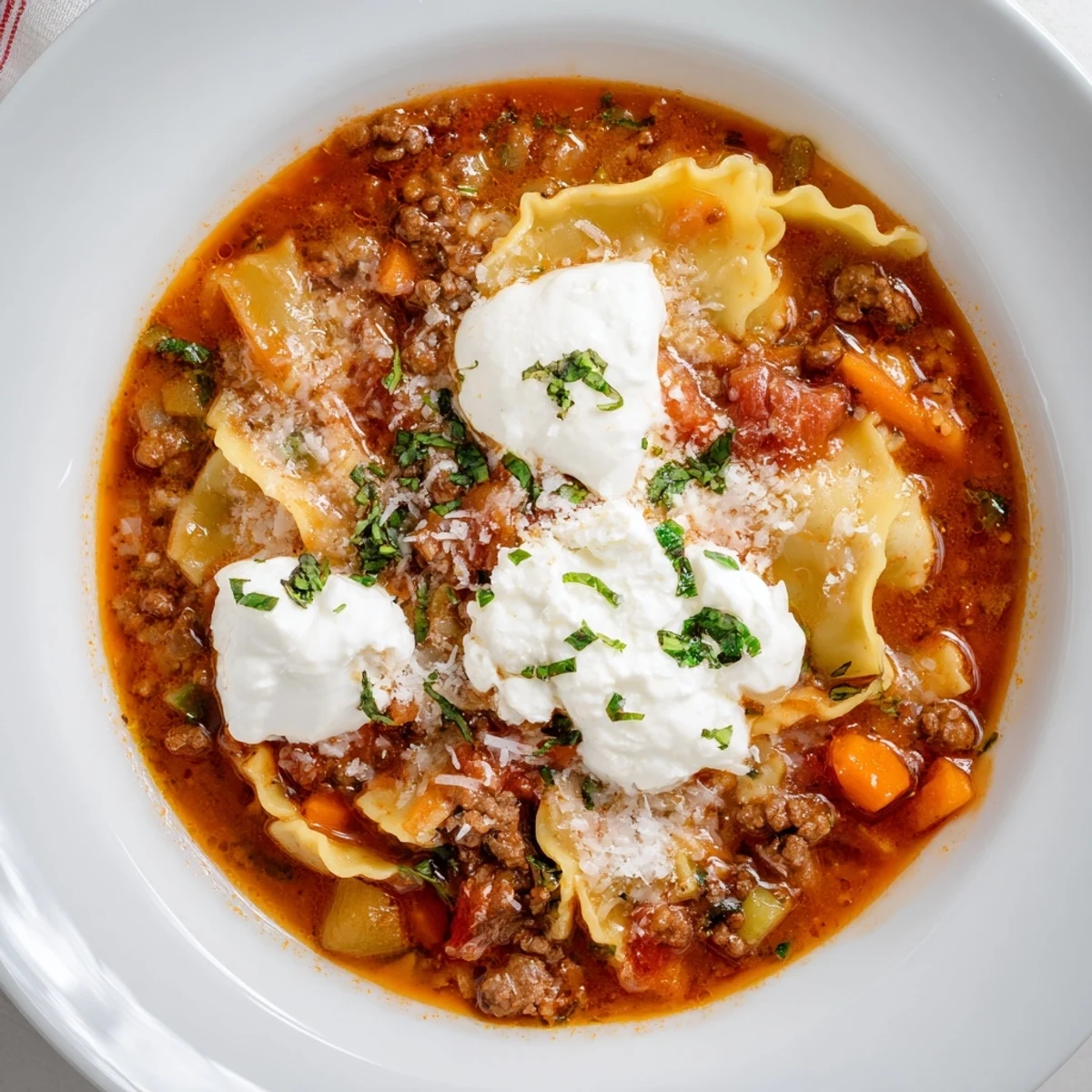 One Pot Lasagna Soup steaming in bowl, tender pasta and melting cheeses