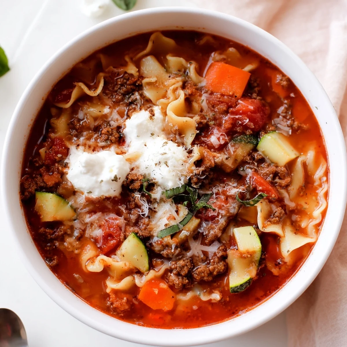 Smoky tomato aroma rising from One Pot Lasagna Soup, simmered with savory meat