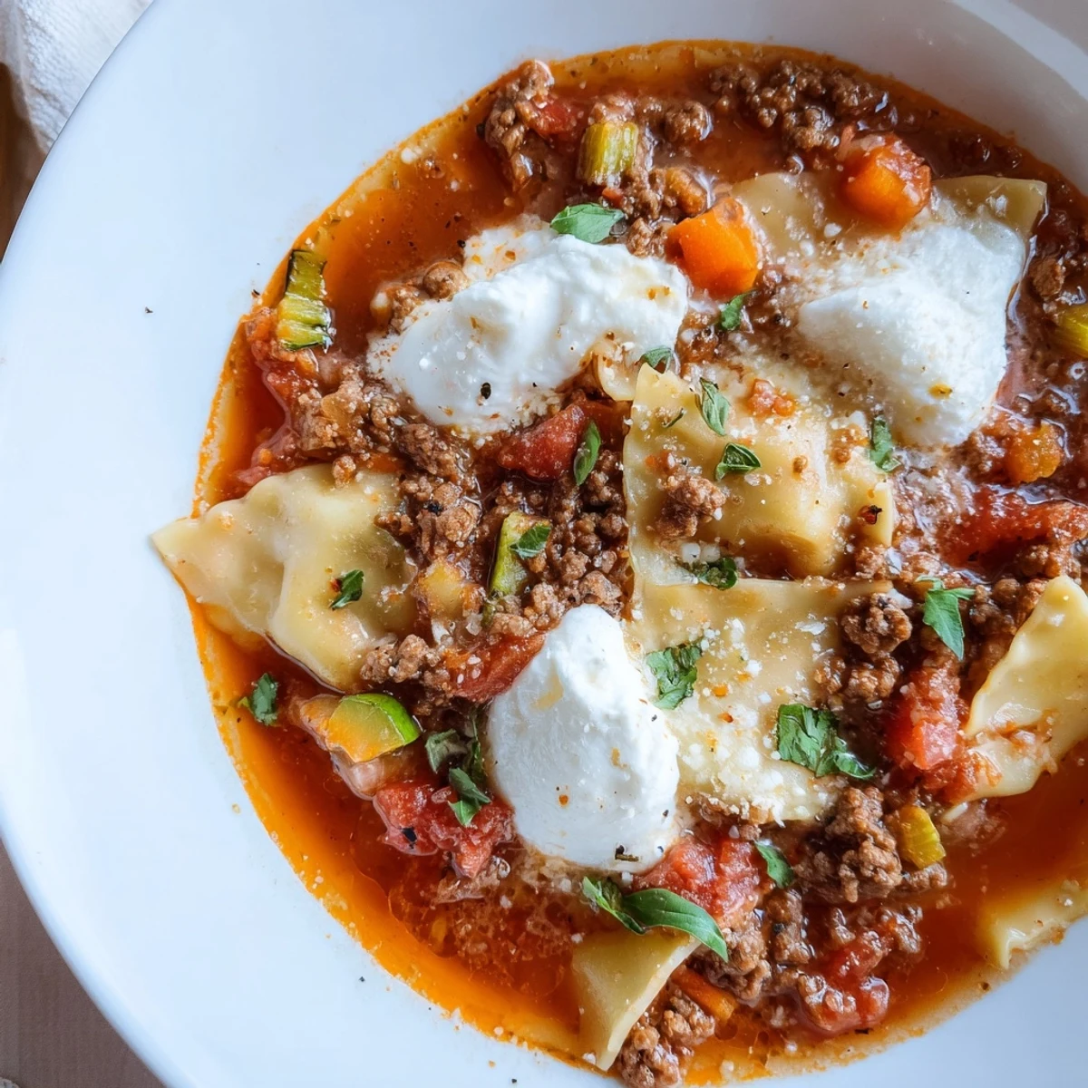 Hearty One Pot Lasagna Soup topped with ricotta and basil, served with bread