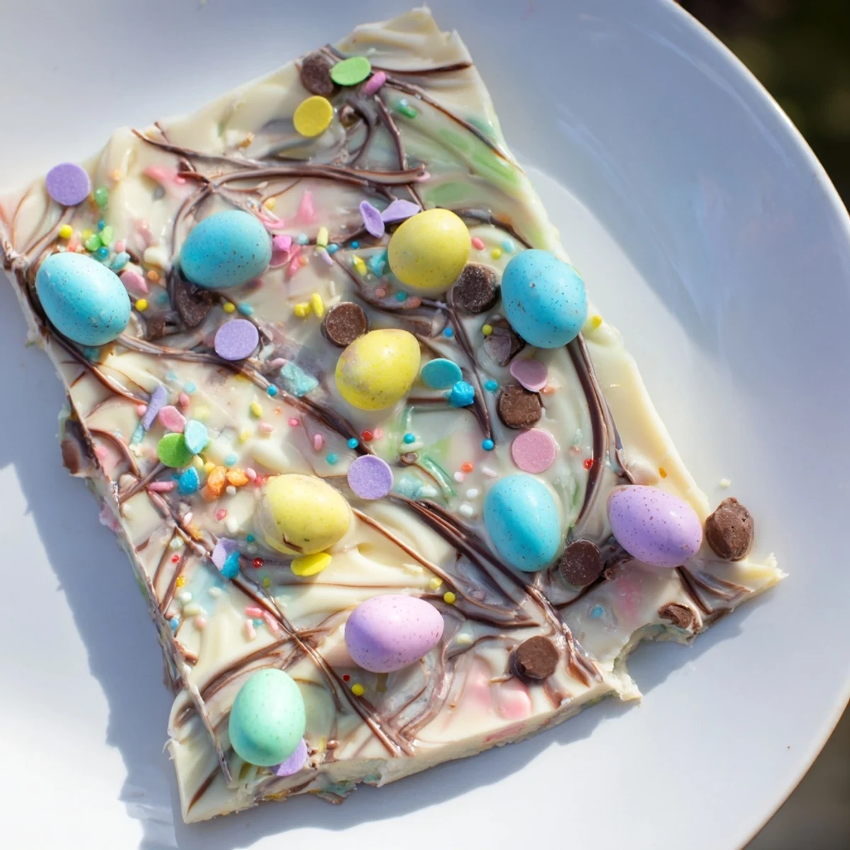 Robin Egg Easter Bark with marbled white and milk chocolate, pastel sprinkles.