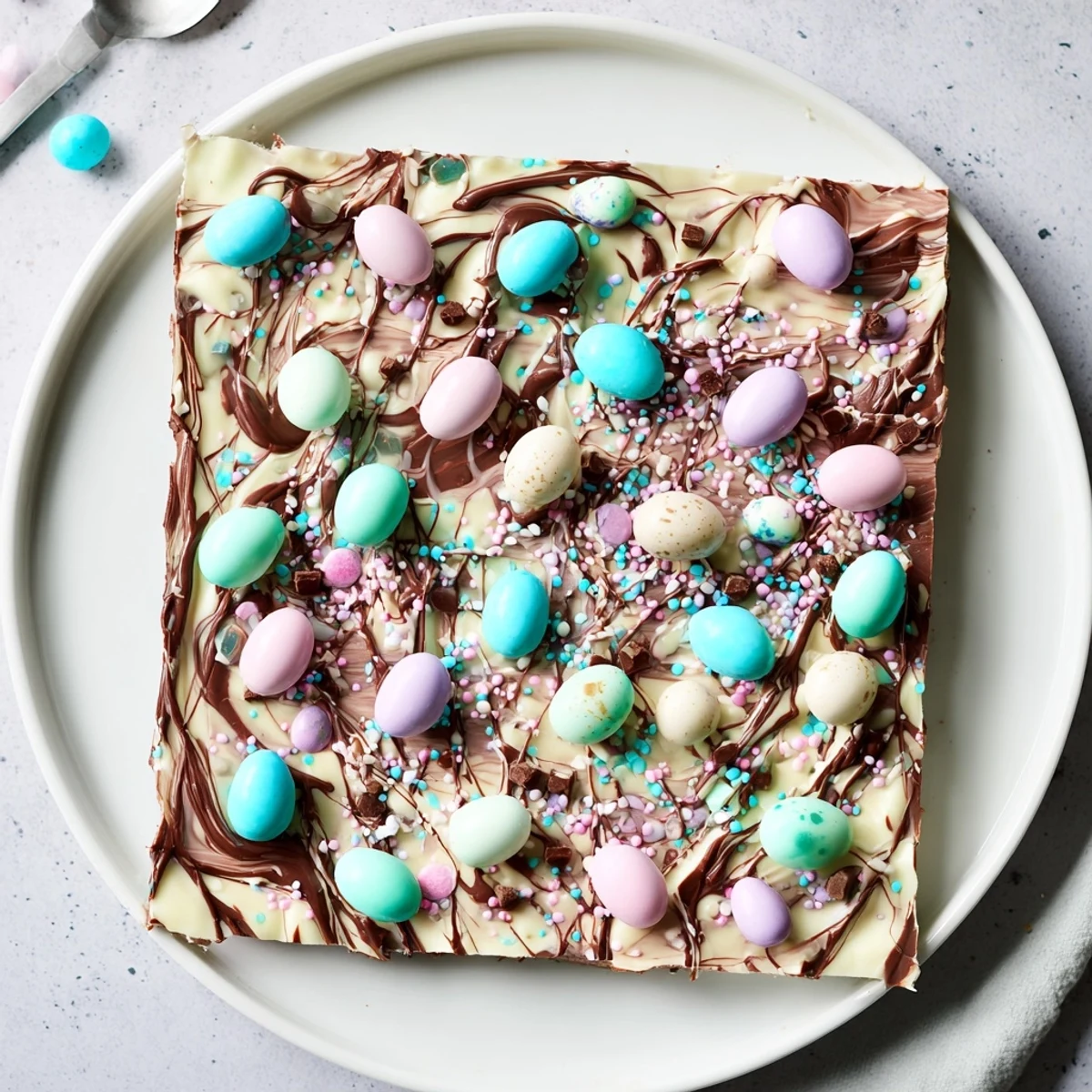A broken piece of Robin Egg Easter Bark on parchment, crunchy candy details.