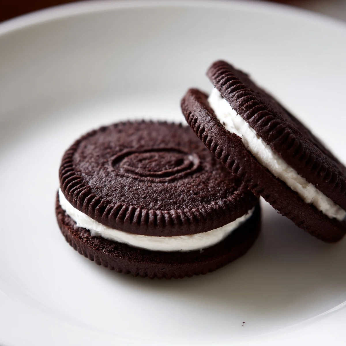Homemade Oreo Style Cookies stacked on wire rack, glossy cream oozing