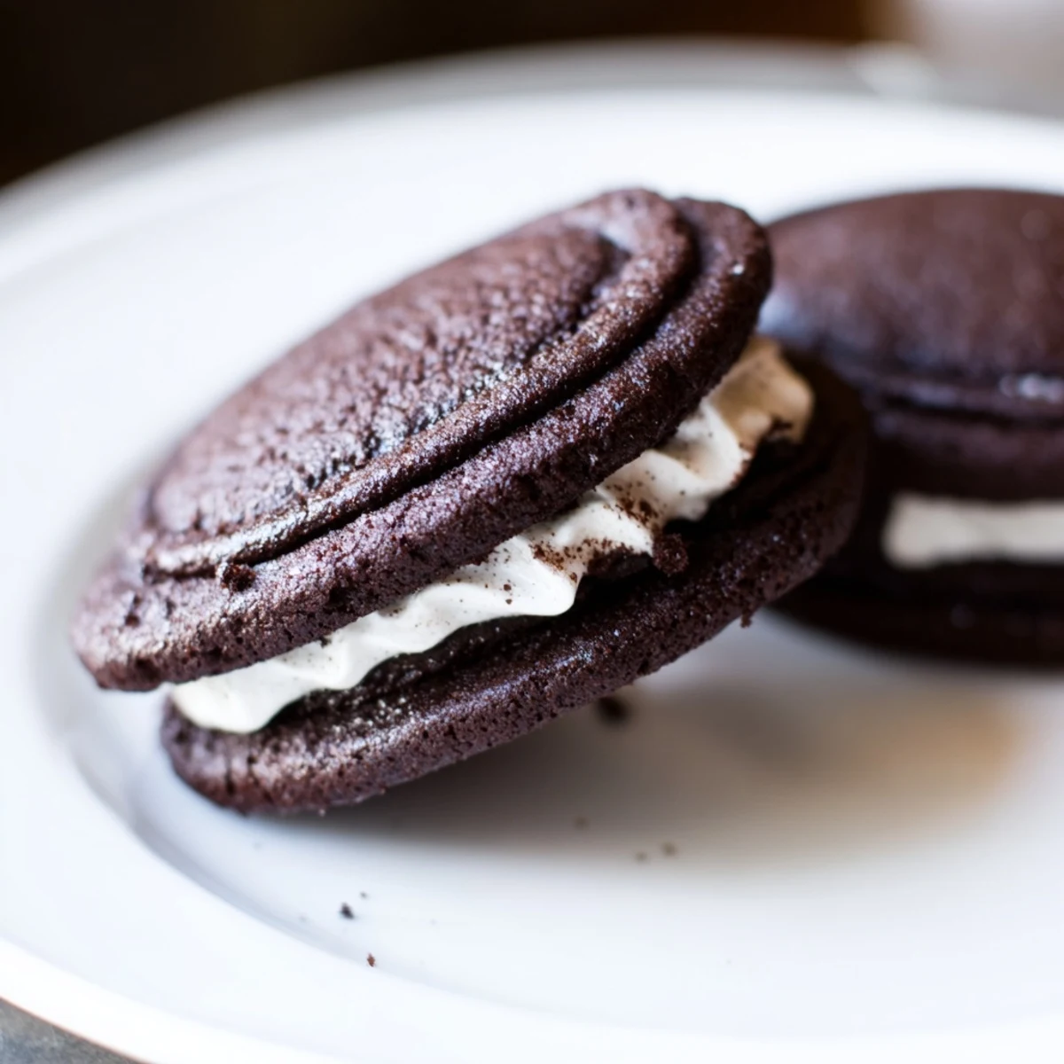 Warm Homemade Oreo Style Cookies cooling on parchment, chocolate scent filling kitchen