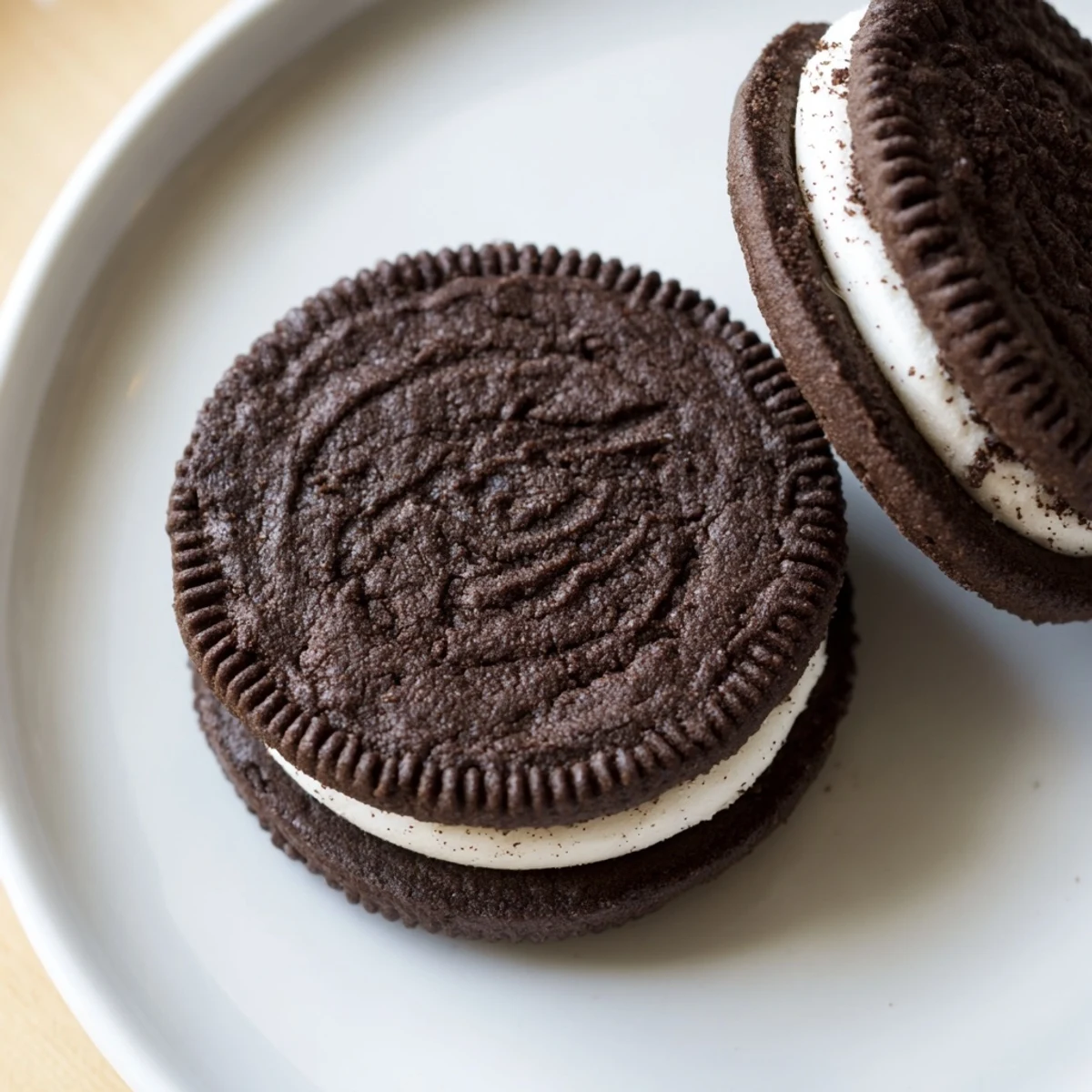 Plate of Homemade Oreo Style Cookies beside a tall glass of milk