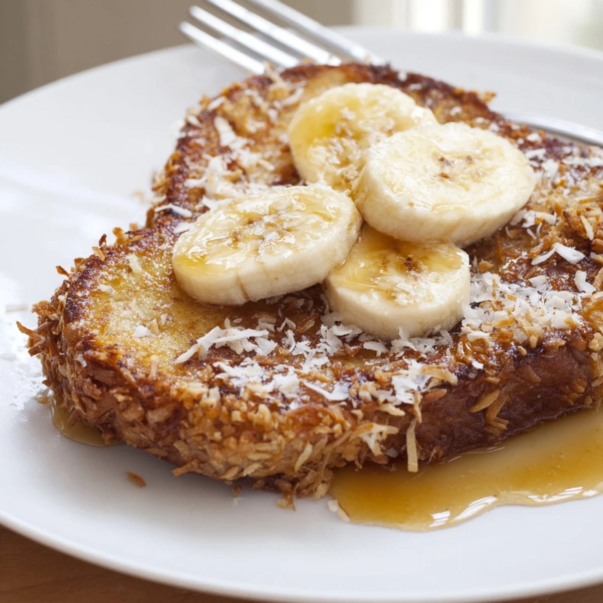 Coconut Crusted French Toast with golden crispy coconut, served with maple syrup