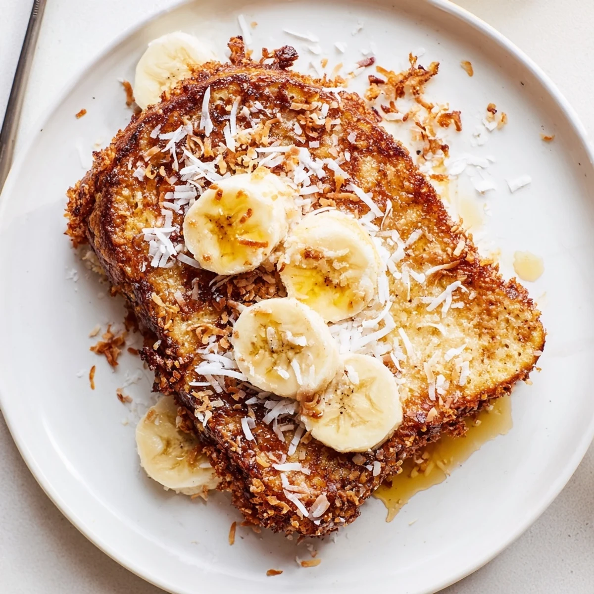 Warm Coconut Crusted French Toast slices, custardy center and fresh berries