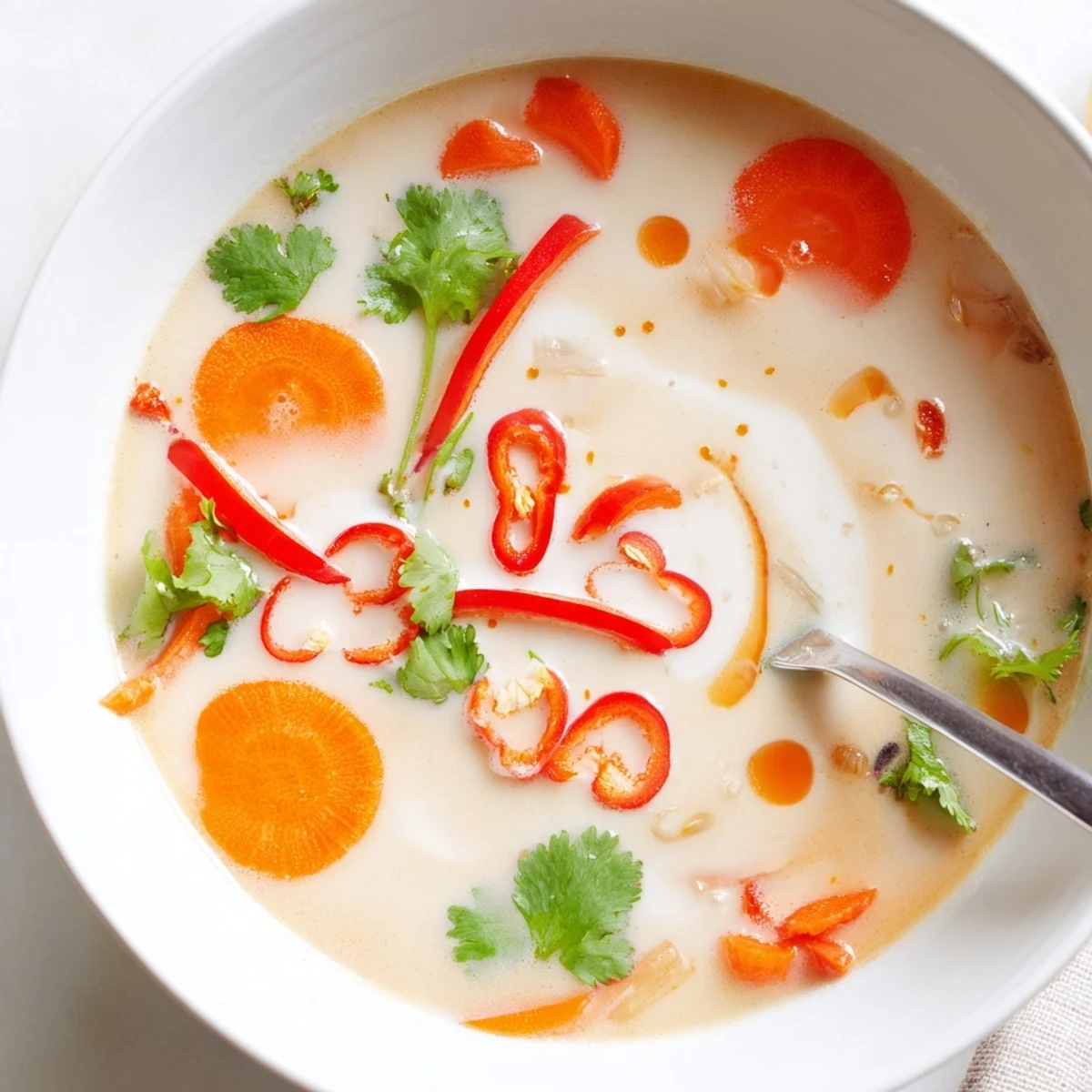Bowl of Ginger Lemongrass Coconut Soup with lime, silky broth, red chili