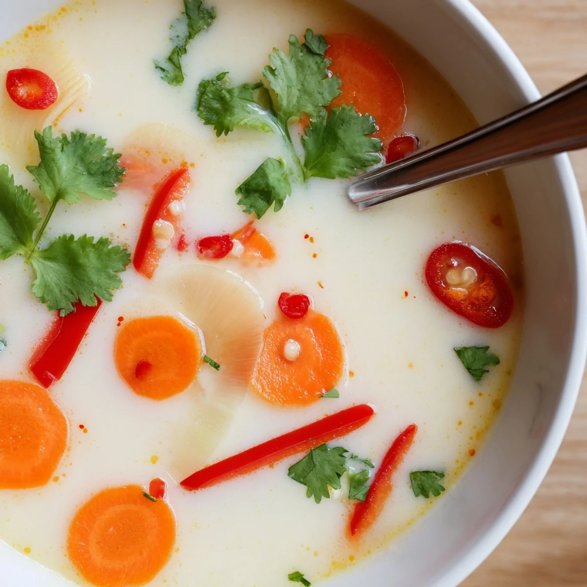 Ginger Lemongrass Coconut Soup steaming in bowl, creamy aroma, cilantro garnish