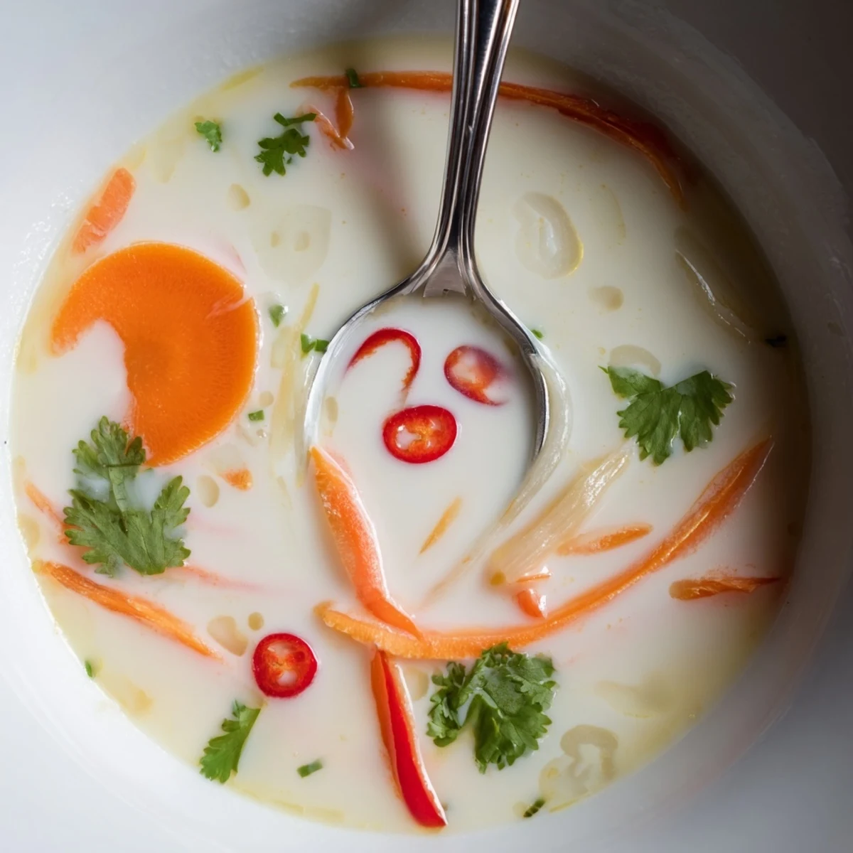 Spoonful of Ginger Lemongrass Coconut Soup over rice noodles, fragrant and tangy