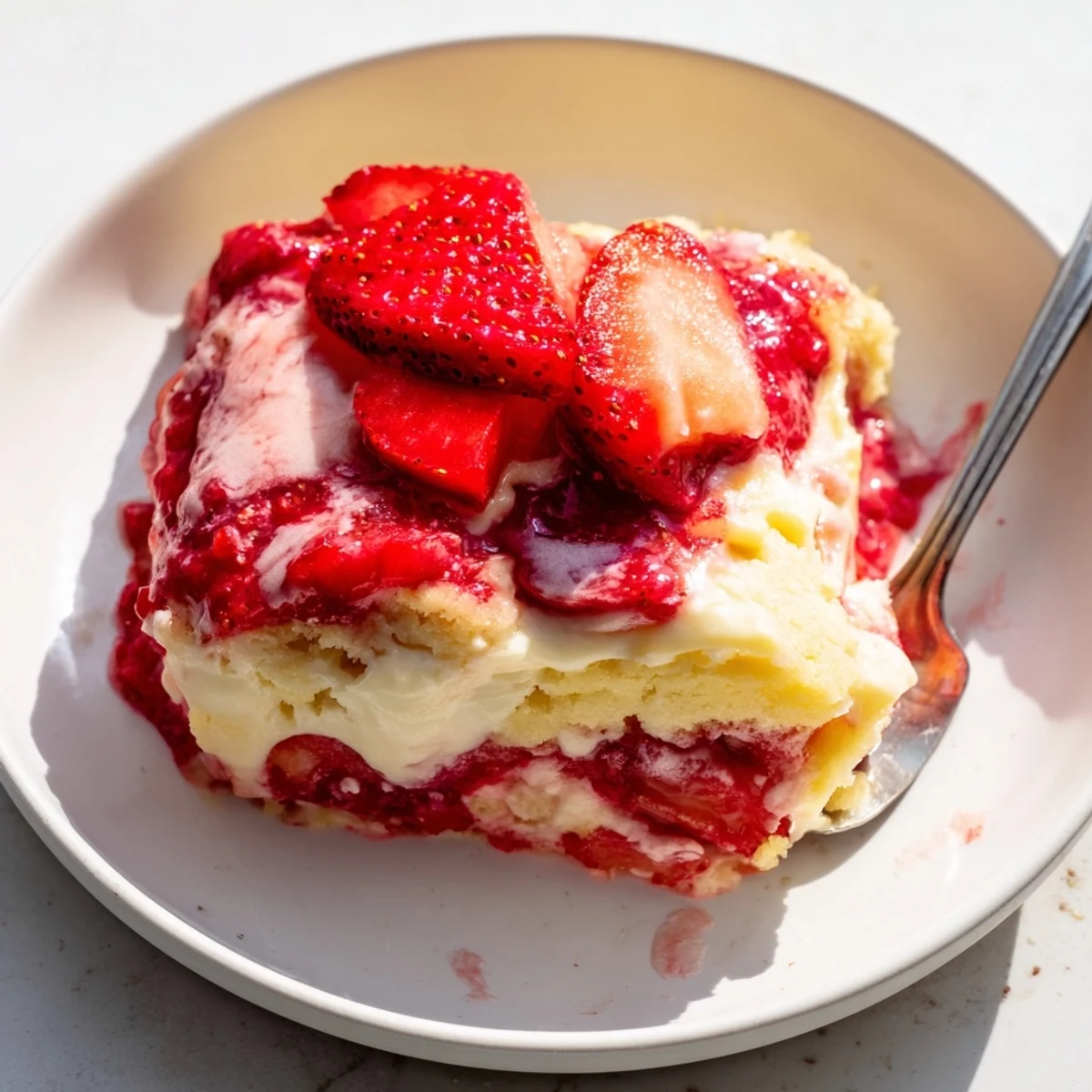 Strawberry Cheesecake Dump Cake bubbling golden, sliced, served with vanilla ice cream.