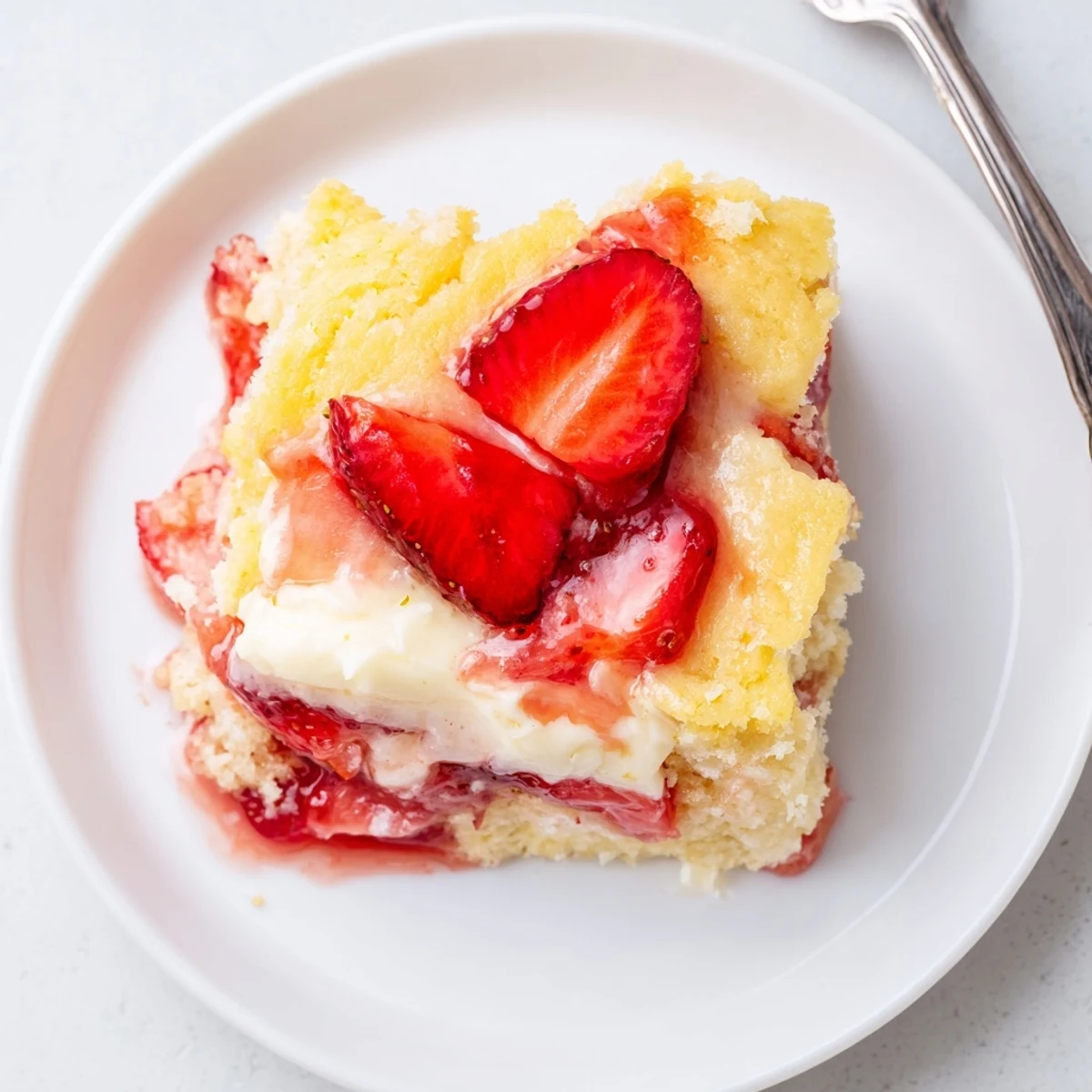 Warm Strawberry Cheesecake Dump Cake with creamy pockets and juicy strawberry layers.