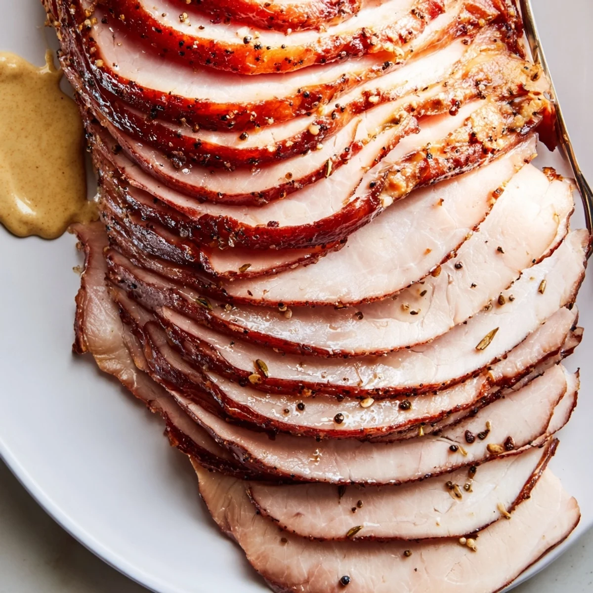 Thinly sliced, tender Homemade Sandwich Deli Meat stacked on rustic bread.  