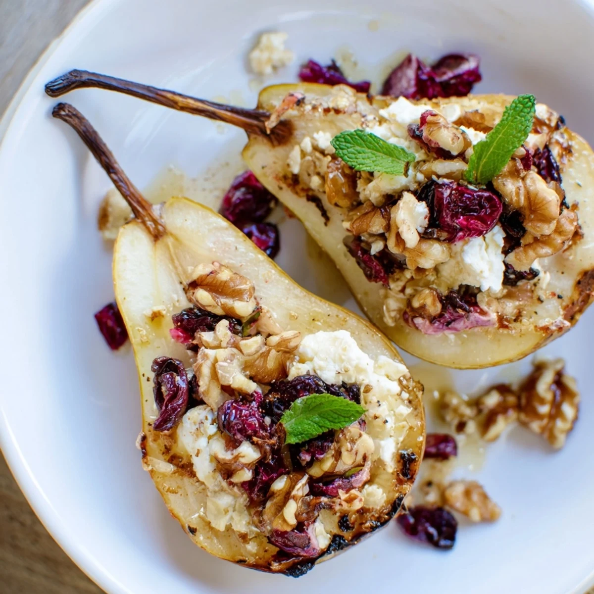Warm Baked Pears With Feta Honey Cranberries, caramelized edges and mint garnish