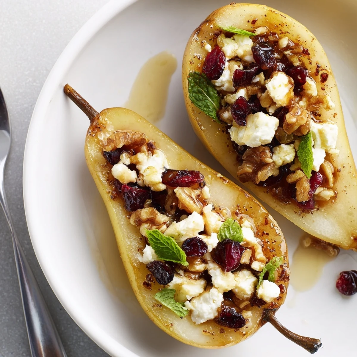 Baked Pears With Feta Honey Cranberries served warm with tangy Greek yogurt