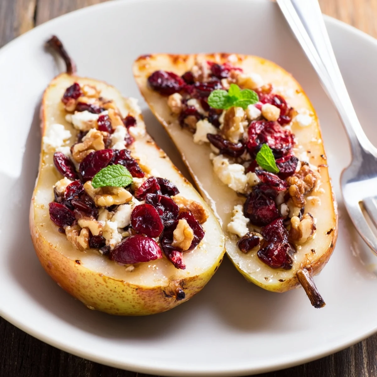 Juicy pear halves drizzled with honey in Baked Pears With Feta Honey Cranberries