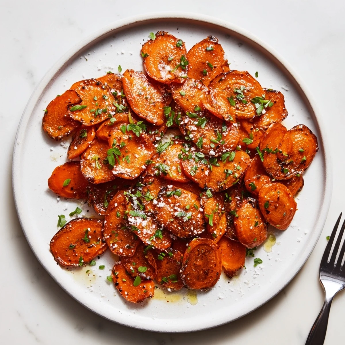 Oven-roasted Crispy Smashed Carrots caramelized at edges, garnished with parsley