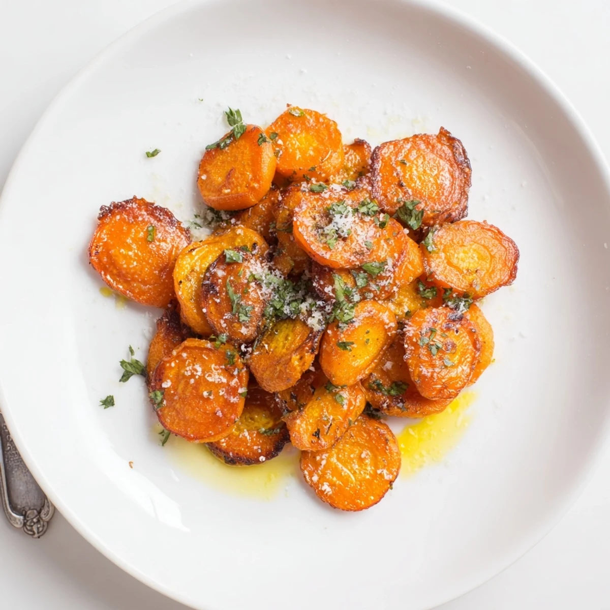 Warm Crispy Smashed Carrots drizzled with olive oil and optional Parmesan