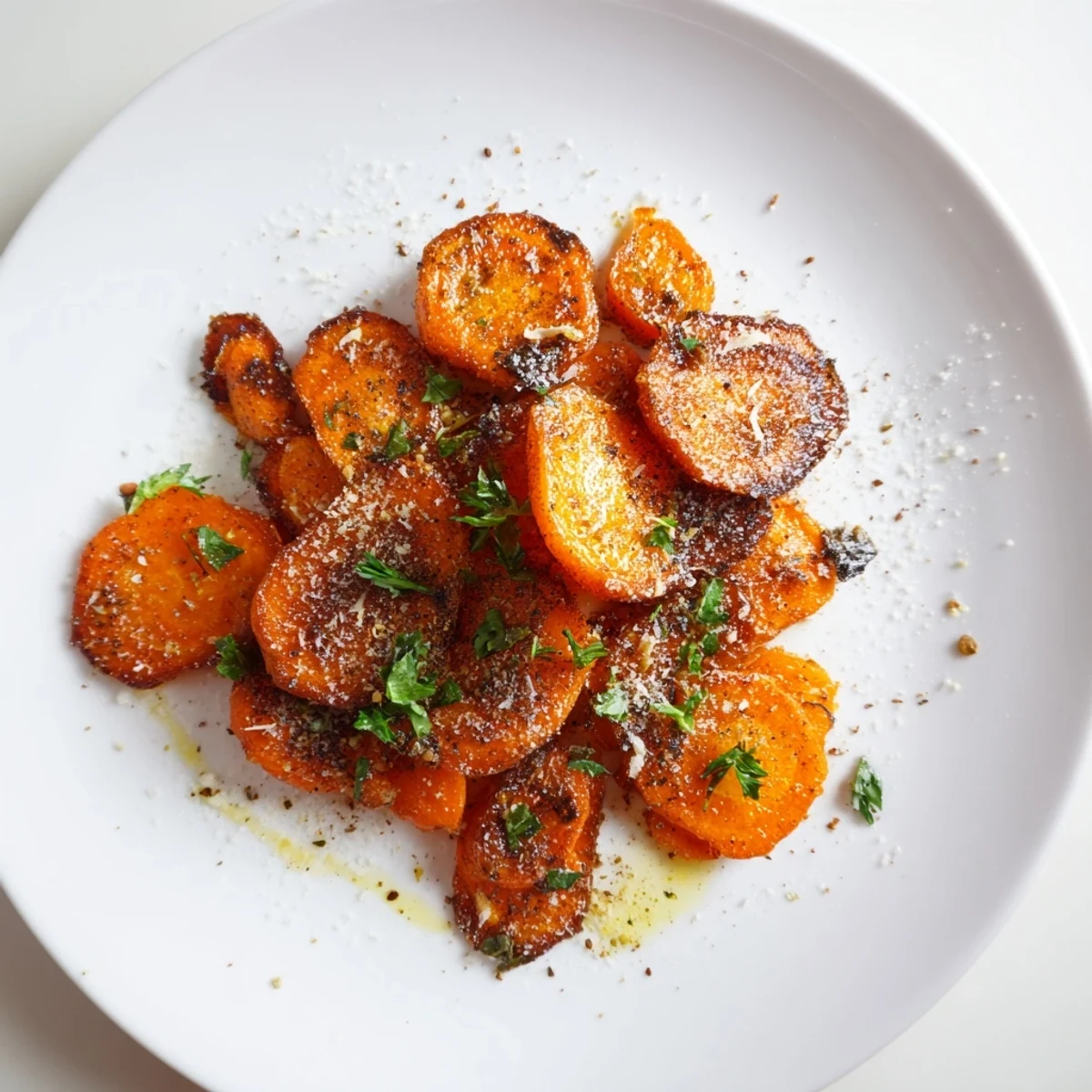 Vegetarian Crispy Smashed Carrots pressed flat with a glass, edges blistered